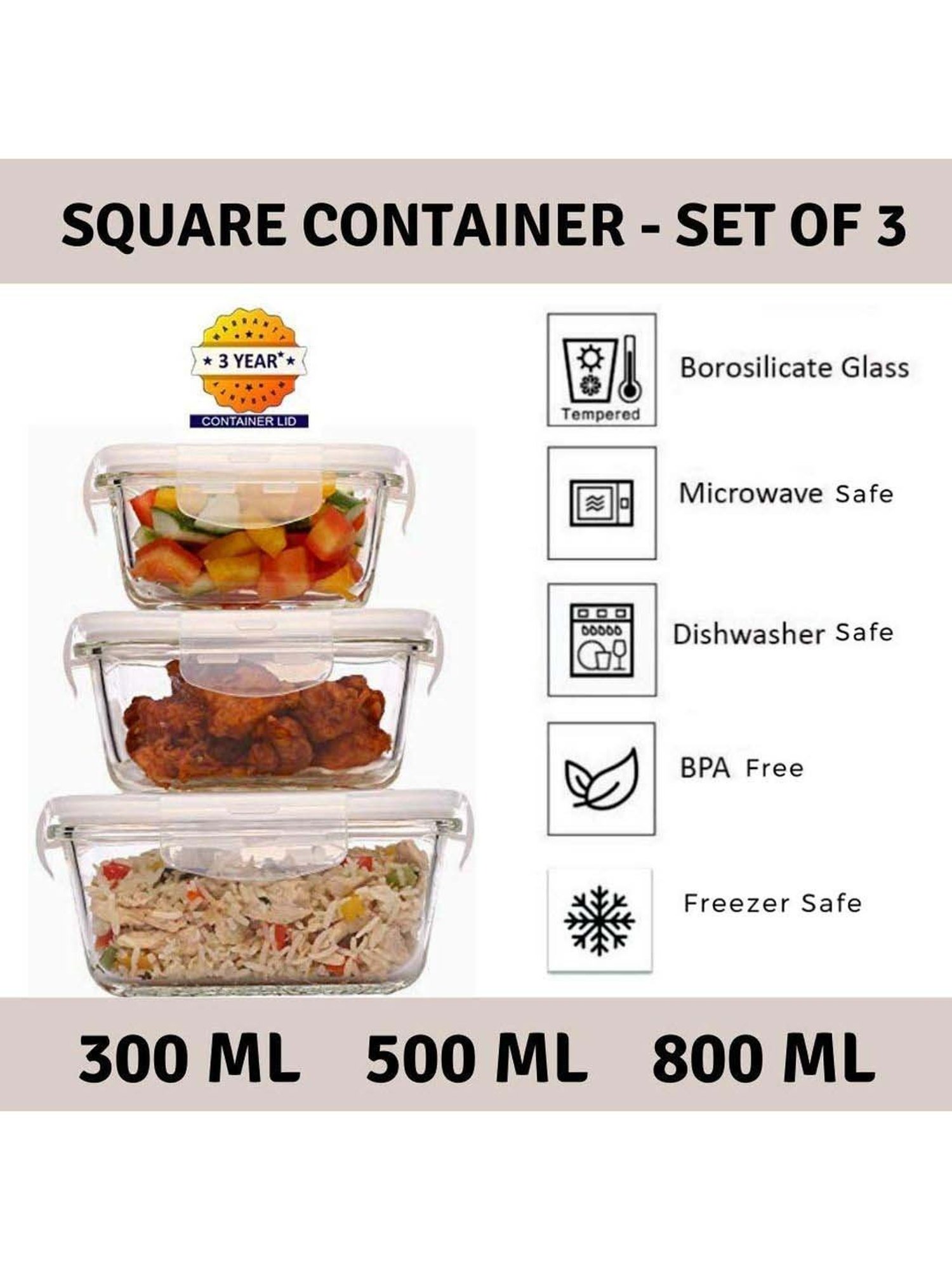 Femora Borosilicate Glass Square Container with Air Vent Lid (300 ml, 500 ml & 800 ml) - Set of 3