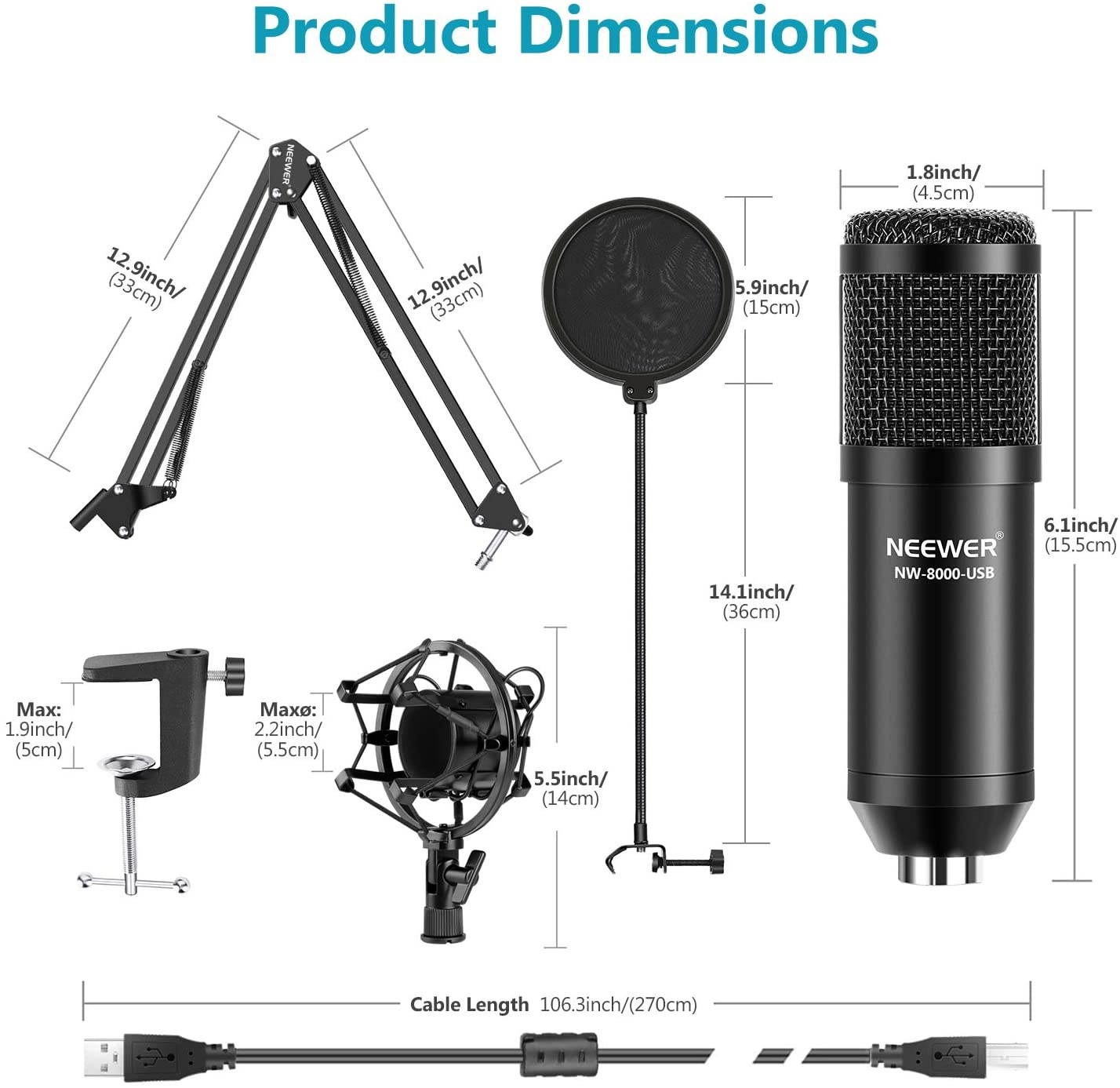 USB Microphone Kit 192KHz/24Bit Plug&Play Cardioid Condenser Mic with Monitor Headphones, Foam Cap, Arm Stand and Shock Mount for Karaoke/YouTube/Gaming Record/Podcasts/Singing etc