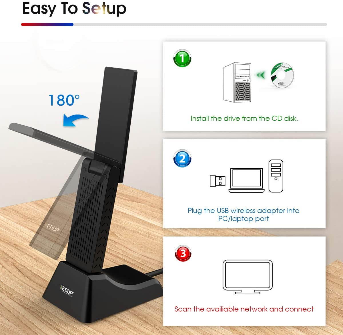 USB 3.0 Wifi Adapter, EDUP AC1900M + 39" Extender Cable & Base, Dual Band 2.4G/5.8G 6dBi Antenna Wireless WiFi Network Card Adapter for Desktop Laptop PC Support Windows 10/8/8.1/7/XP/Vista/Mac OS