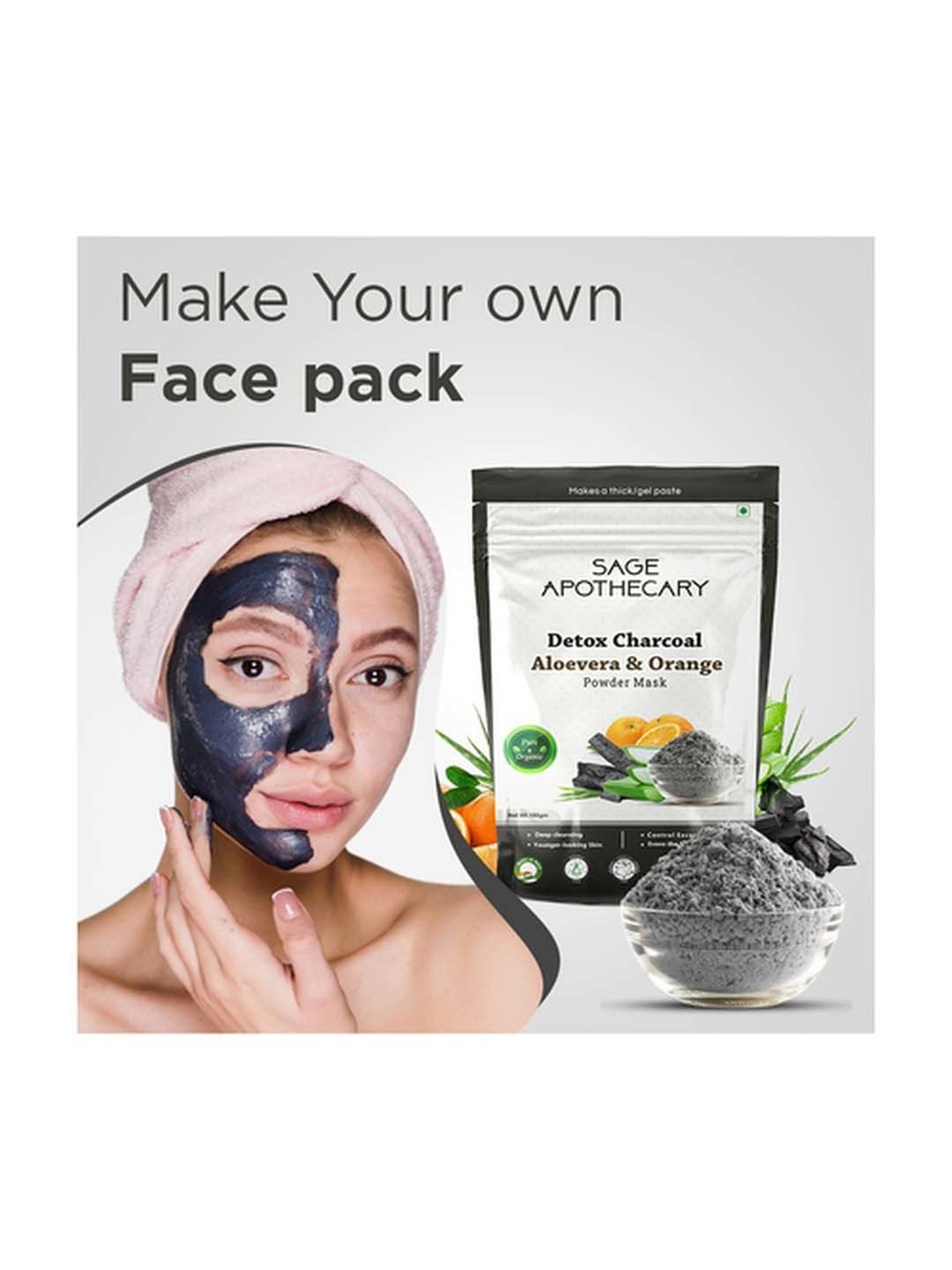 Sage Apothecary Detox Charcoal Aloe Vera & Orange Face Powder Mask - 100 gm