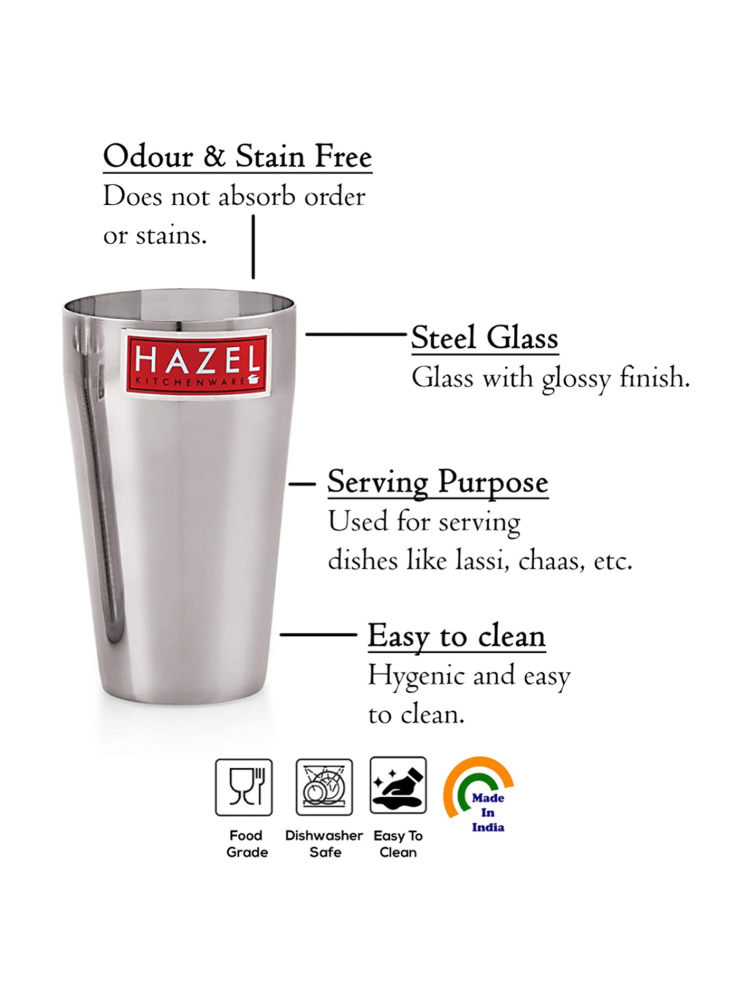 HAZEL Silver Stainless Steel Traditional Jumbo Water Lassi Glass (750 ML)