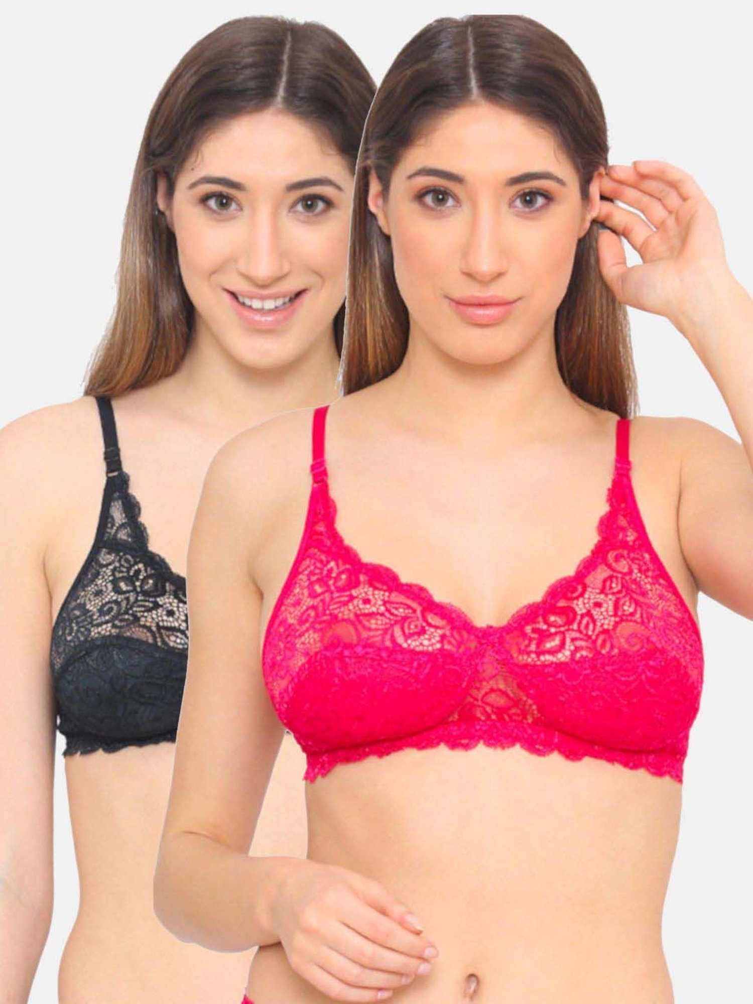 N-Gal Pink & Black Lace Work Half Coverage Bras - Pack Of 2