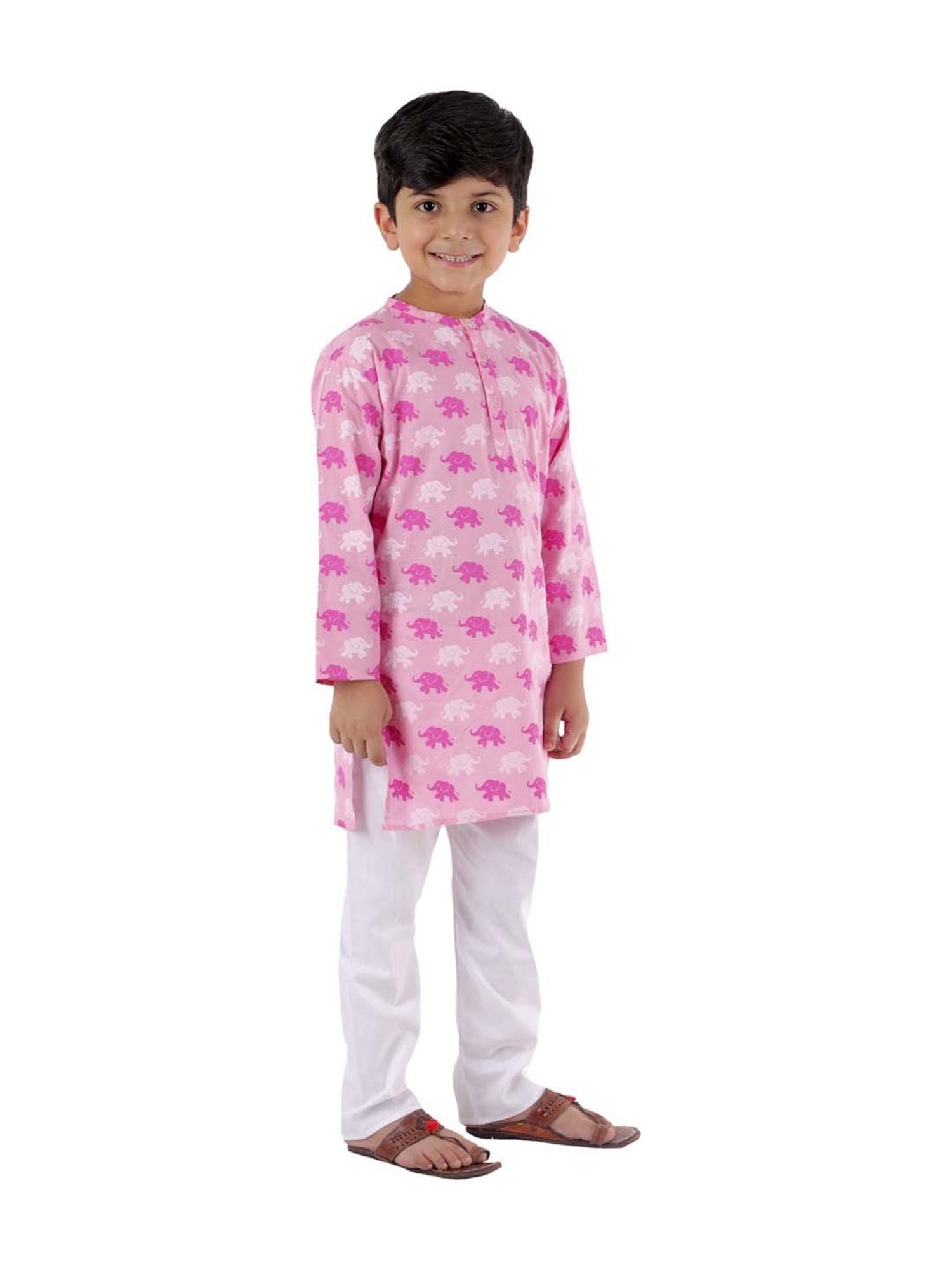 Ahhaaaa Kids Pink & White Cotton Printed Kurta Set