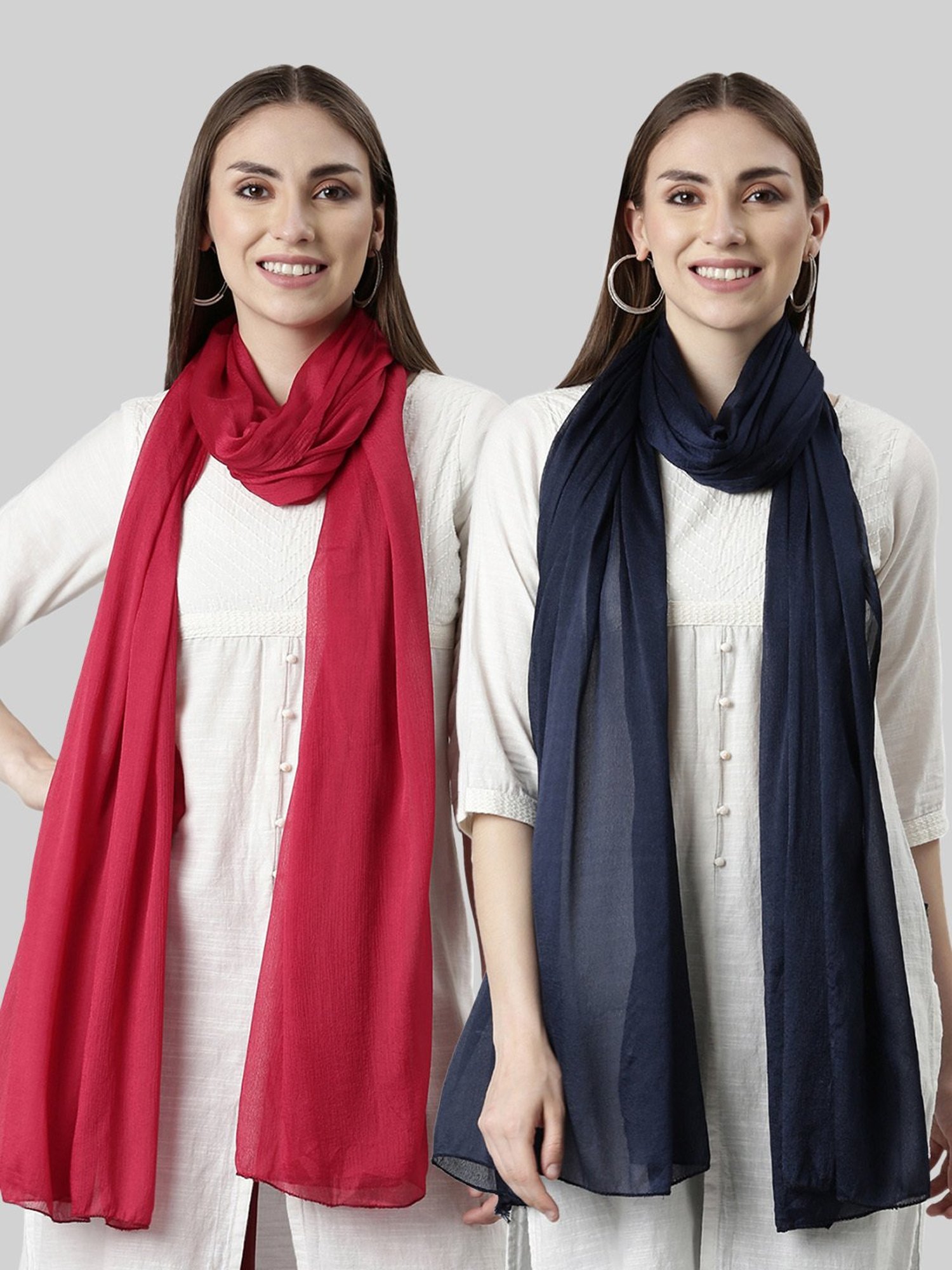TWIN BIRDS Red & Navy Dupatta - Pack of 2