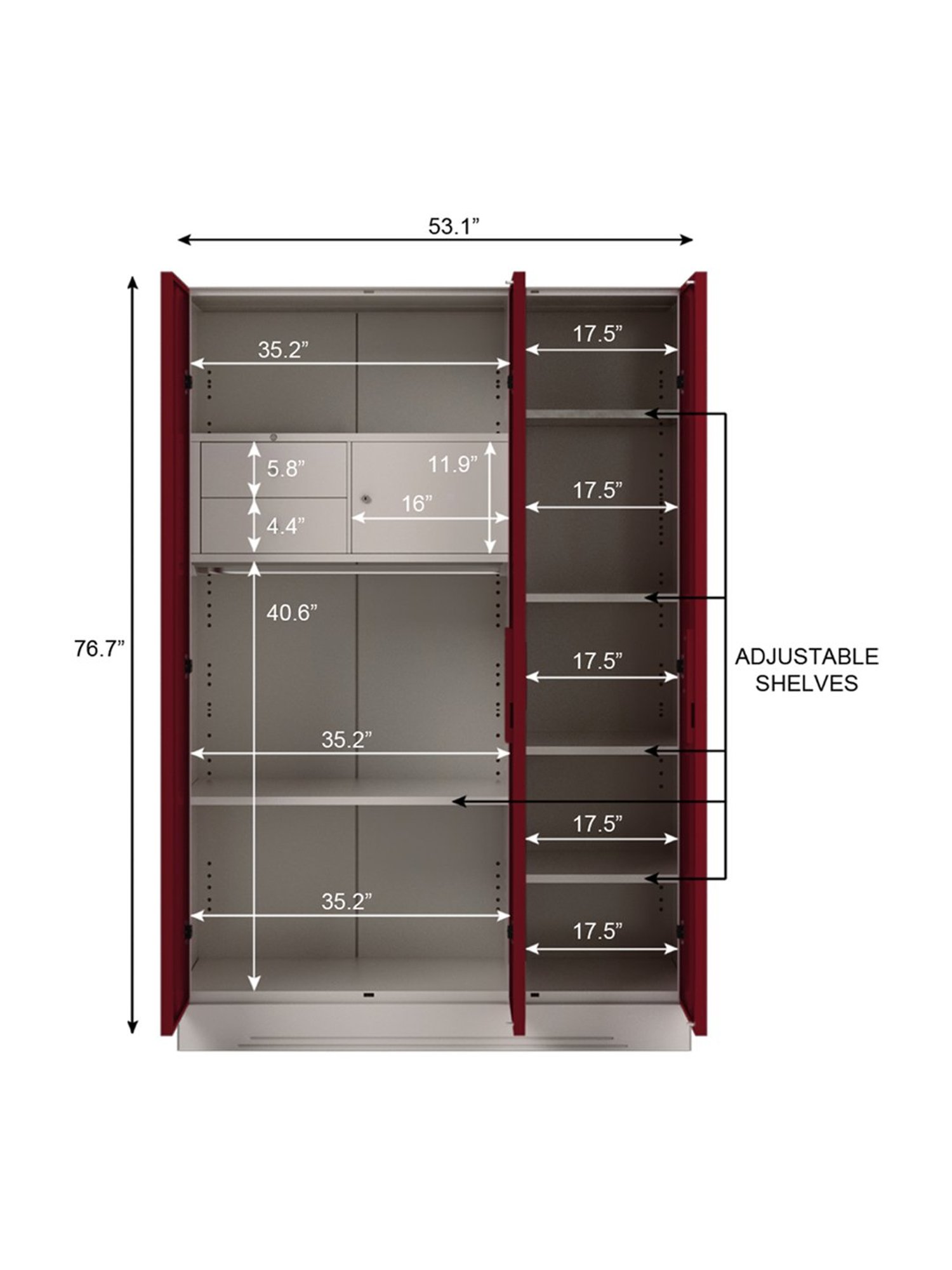 Godrej Interio Slimline 3-Door Steel Almirah, Red (1-Year Warranty, 1 Locker, 2 Drawers)