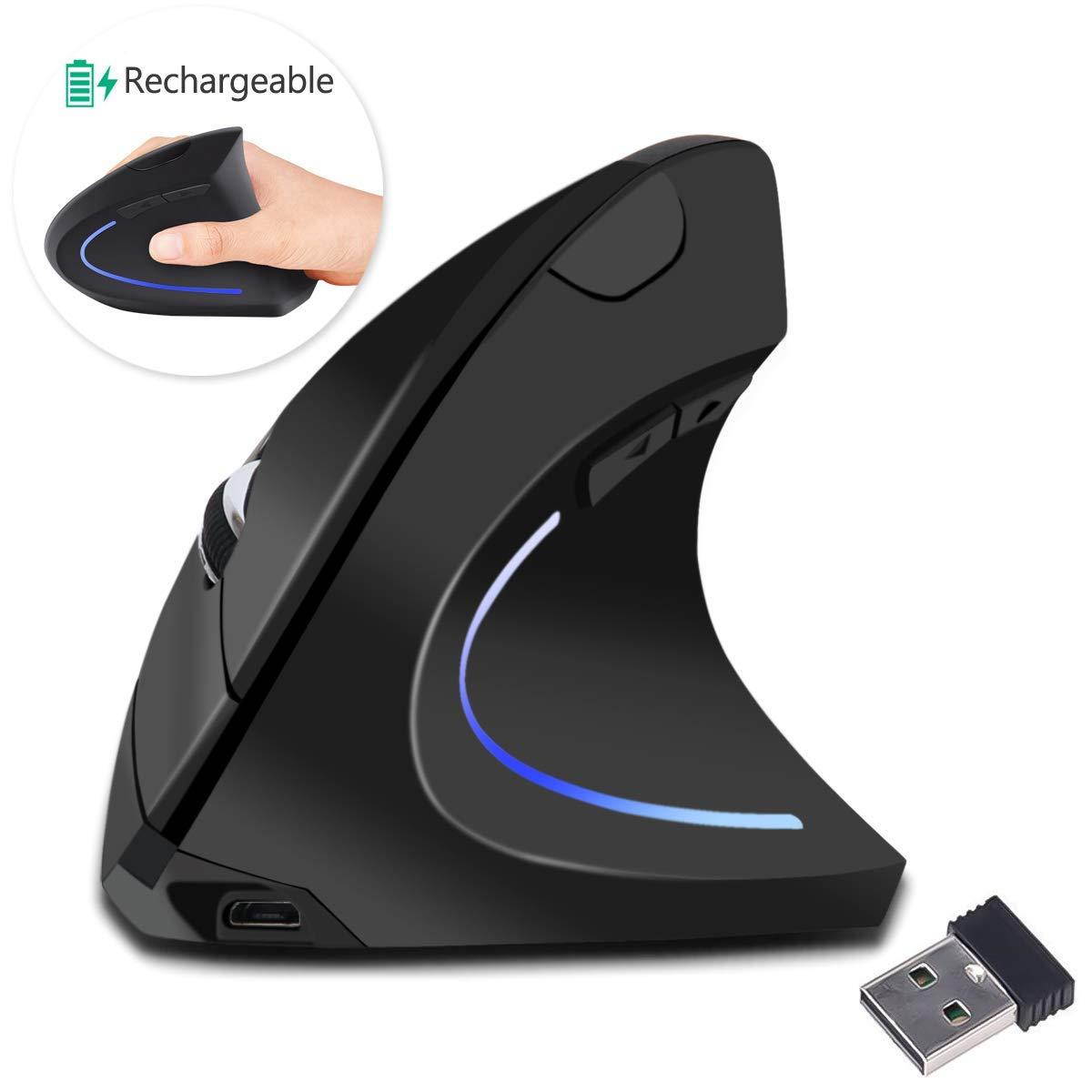 2.4G USB Wireless Vertical Mouse Rechargeable Ergonomic Optical Computer Mouse with 3 Adjustable DPI 1000/1200/1600 Levels 6 Buttons for Laptop, PC, Computer, Desktop, Notebook - Black