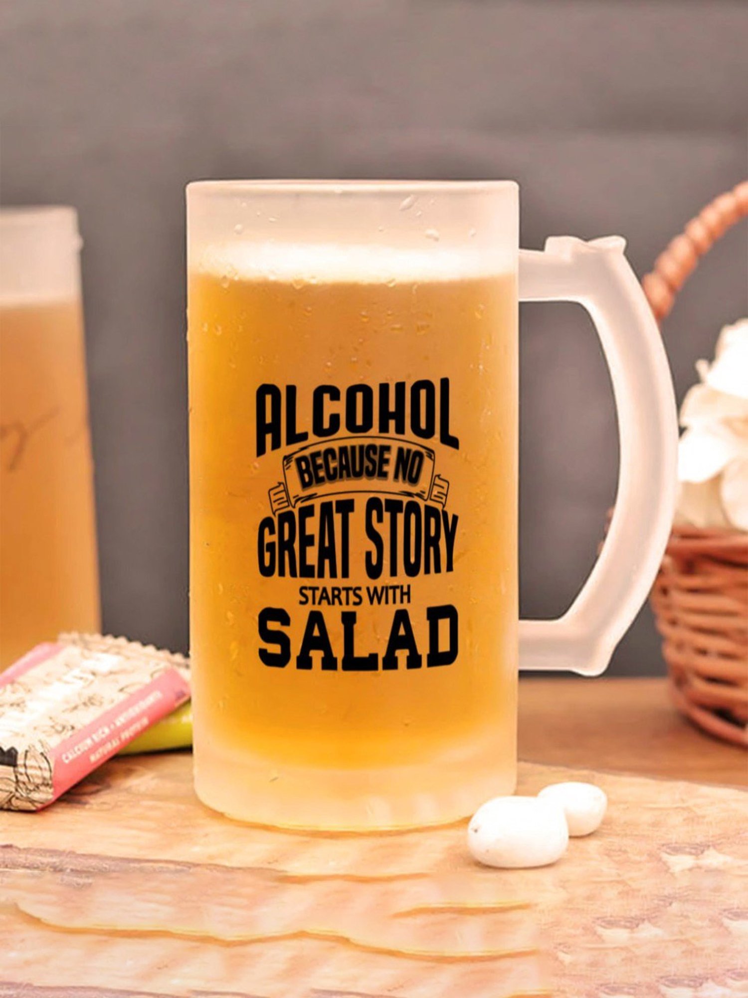 Gathari Printed White Glass Beer Mug