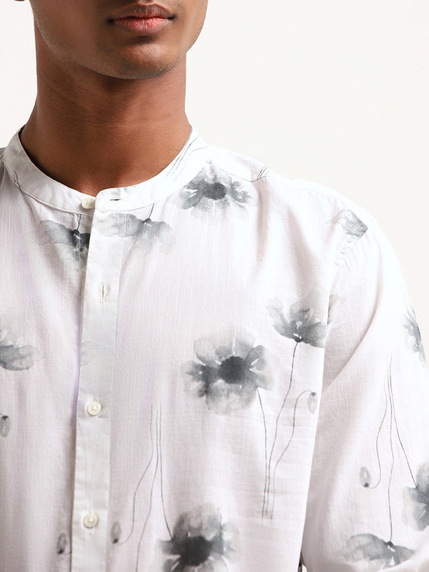 ETA by Westside Grey Floral Printed Resort Fit Grandad Shirt