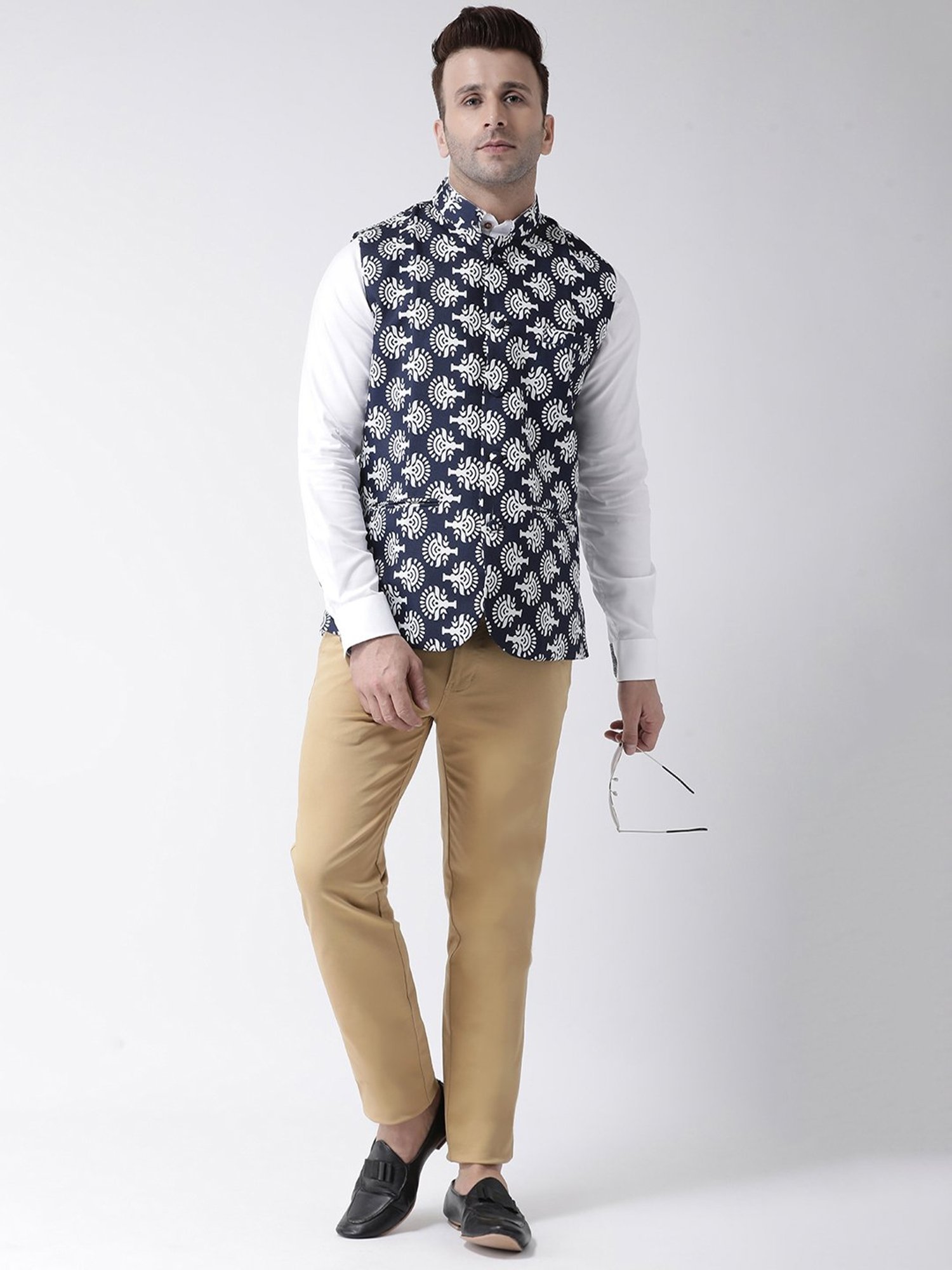 Hangup Plus Navy Regular Fit Printed Nehru Jacket