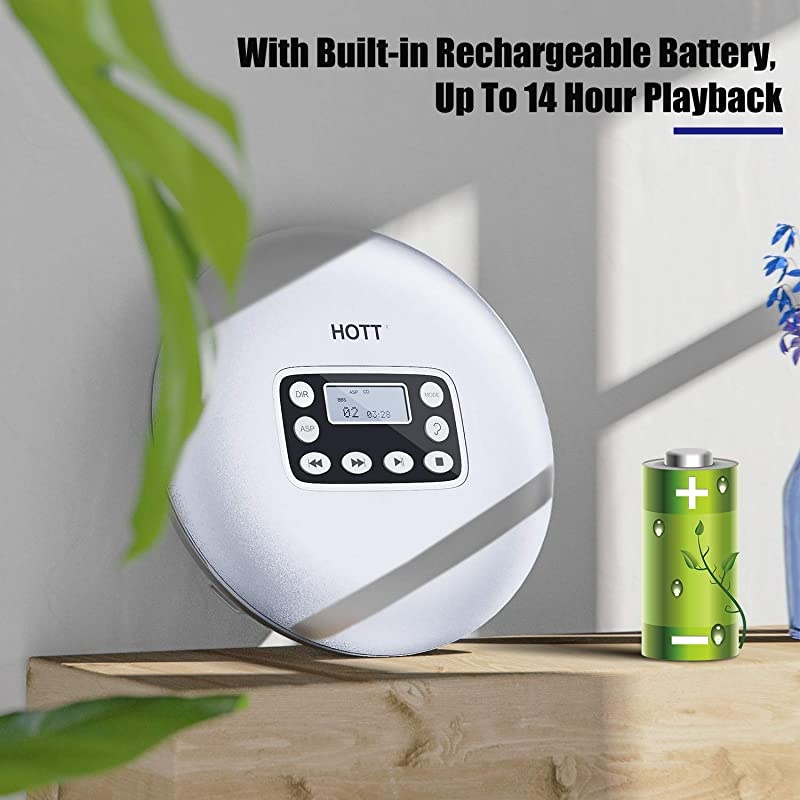 Portable CD Player with Rechargeable Battery, Personal Walkman CD Player with 14 Hour Battery, Stereo Earbuds, LCD Display, Anti-Shock Function and Electronic Skip Protection