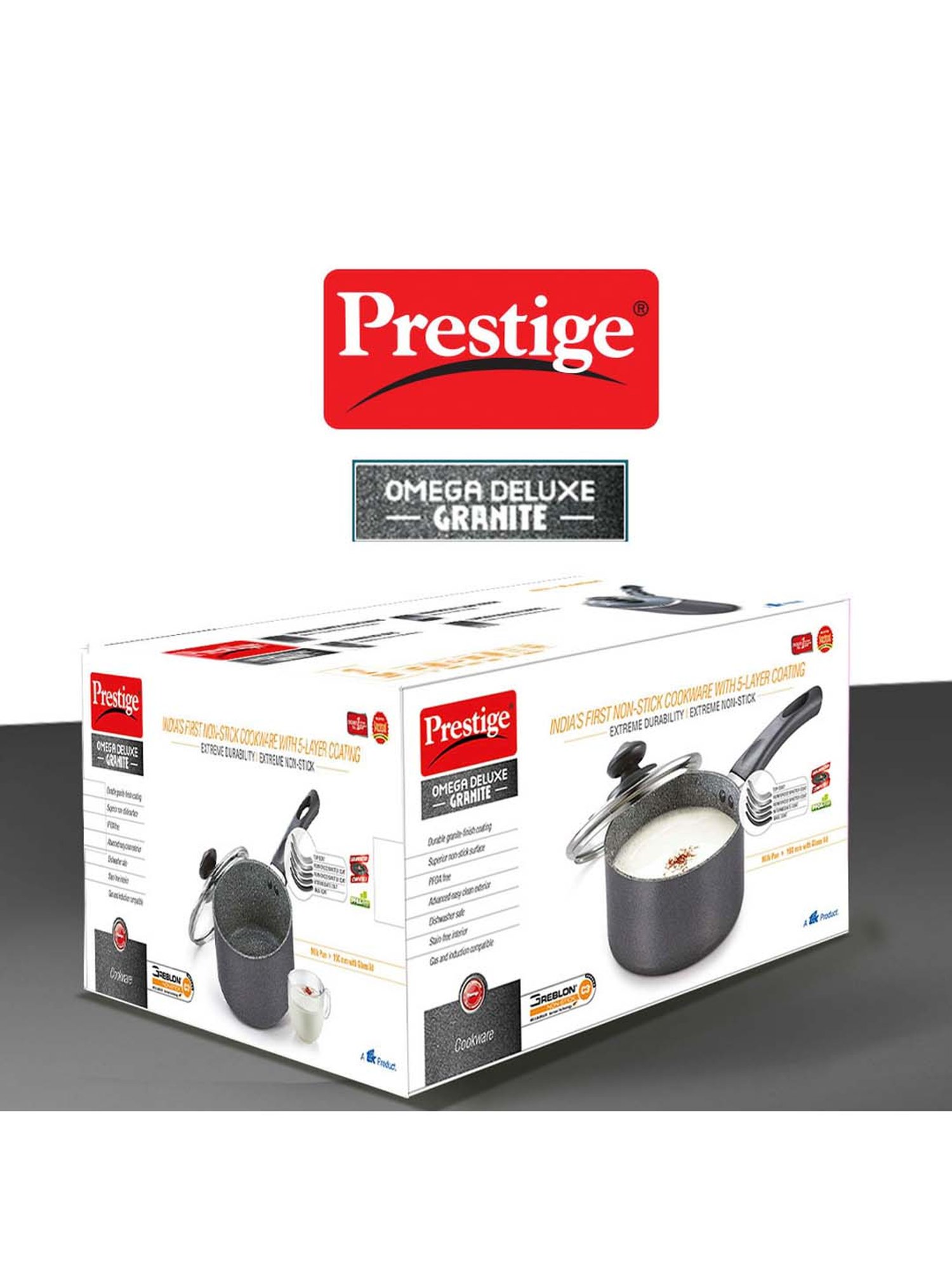 Prestige Omega Black Deluxe Granite 160 mm Milk Pan with Lid - Set of 1