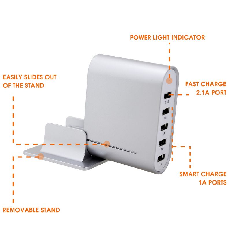 Trexonic 7.1 Amps 5 Port Universal USB Compact Charging Station in Silver Finish