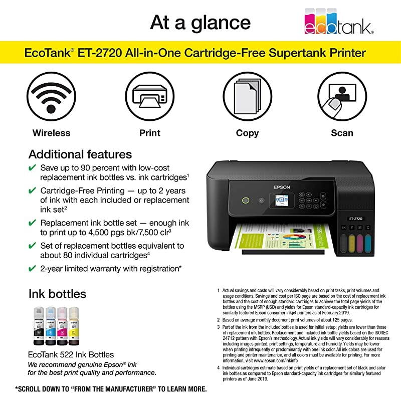 EcoTank ET-2720 Wireless Color All-in-One Supertank Printer with Scanner and Copier - Black
