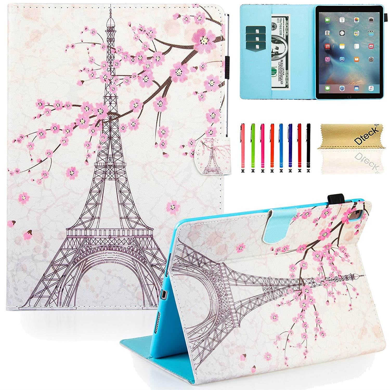 iPad Pro 9.7 inch 2016 Case, Dteck PU Leather Protective Smart Case with [Auto Sleep/Wake] Pencil Holder Flip Folio Stand Wallet Cover for Apple iPad Pro 9.7 2016 Release Tablet, Pink Eiffel Tower