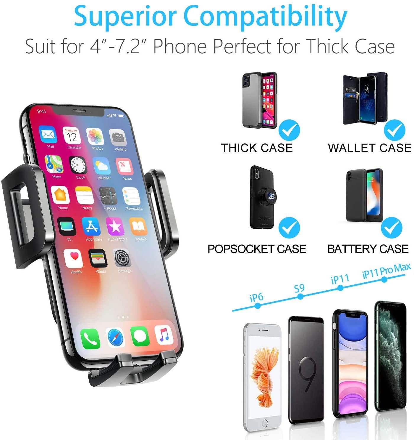 Car-Cup-Holder-Phone-Mount Adjustable Long Pole Automobile Cup Holder Smart Phone Cradle Car Mount for iPhone 11 Pro/XR/XS Max/X/8/7 Plus/6s/Samsung S10 /Note 9/S8 Plus/S7 Edge-Black