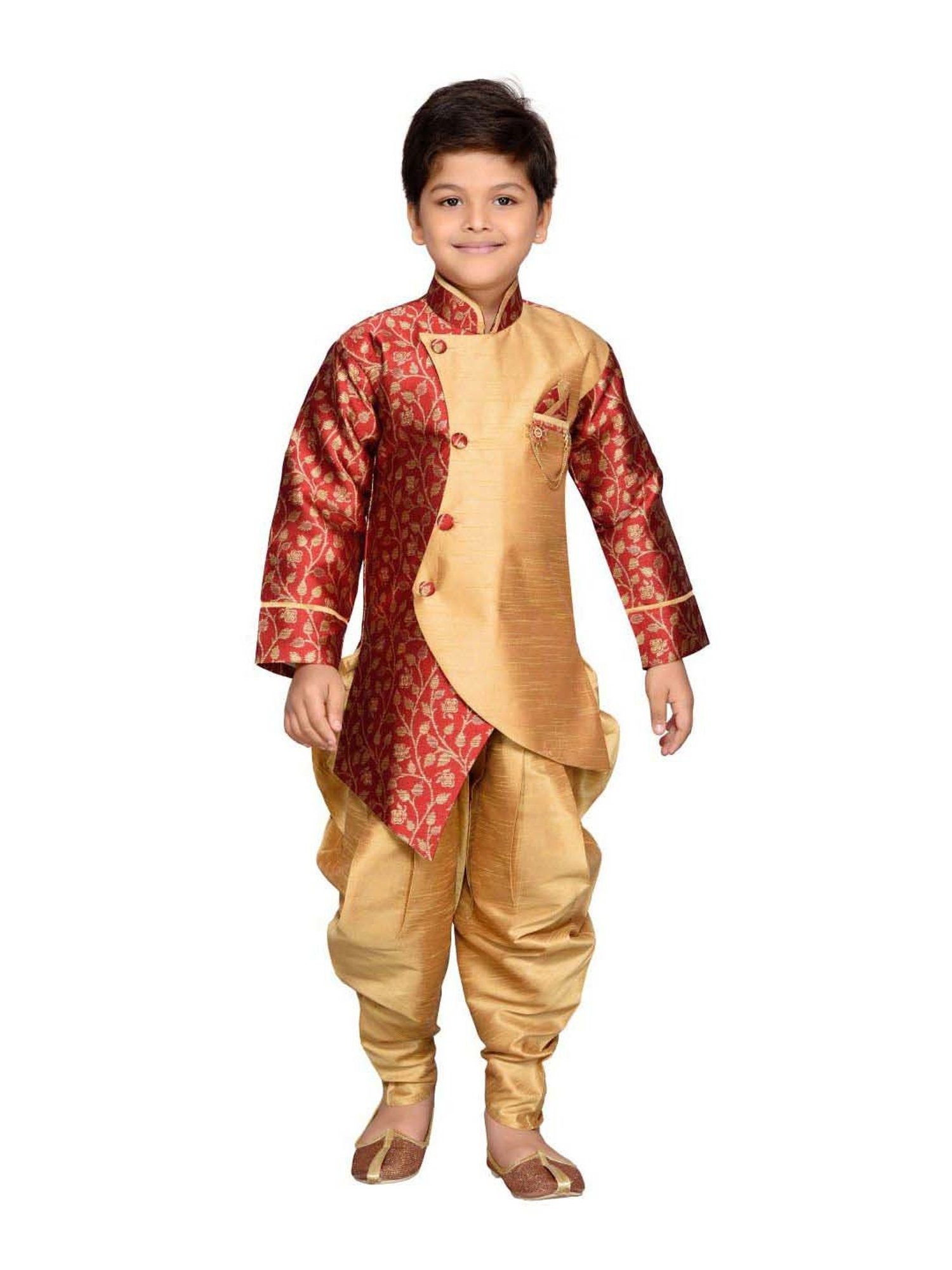 AJ Dezines Kids Maroon & Gold Printed Full Sleeves Sherwani Set