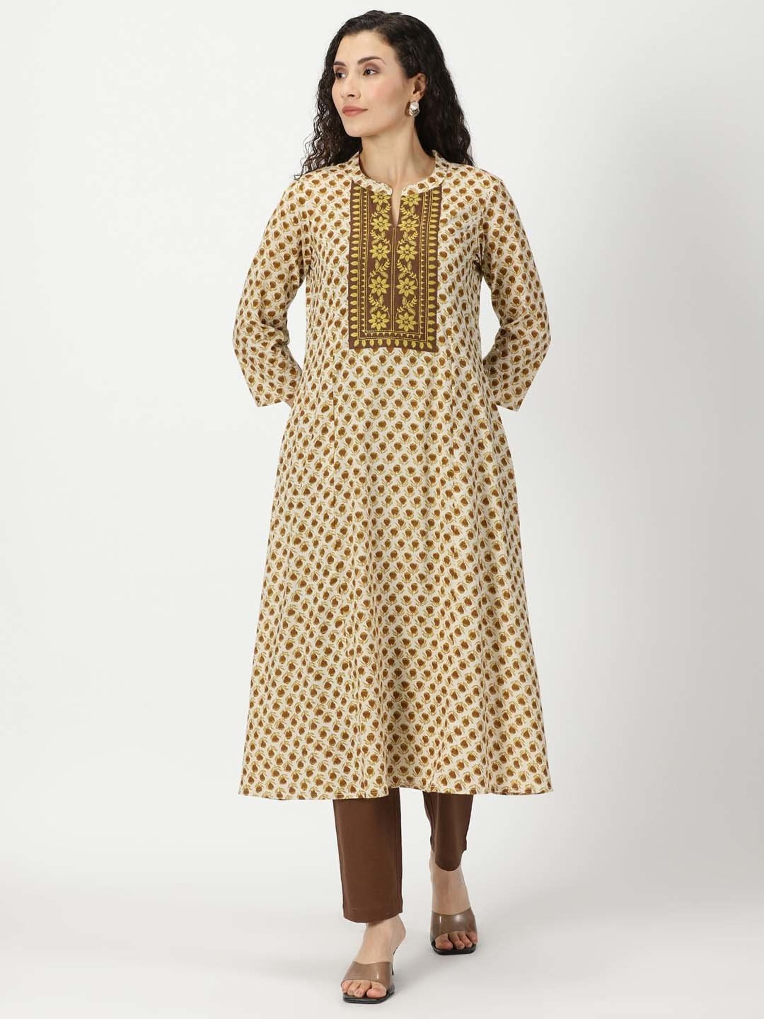 Saffron Threads Beige Floral Print A Line Kurta