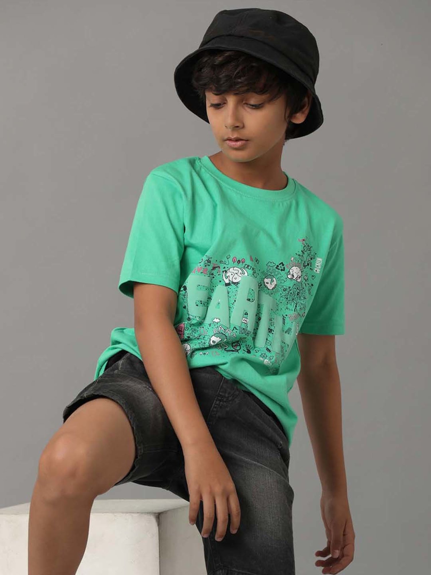 Under Fourteen Only Kids Green Cotton Printed T-Shirt
