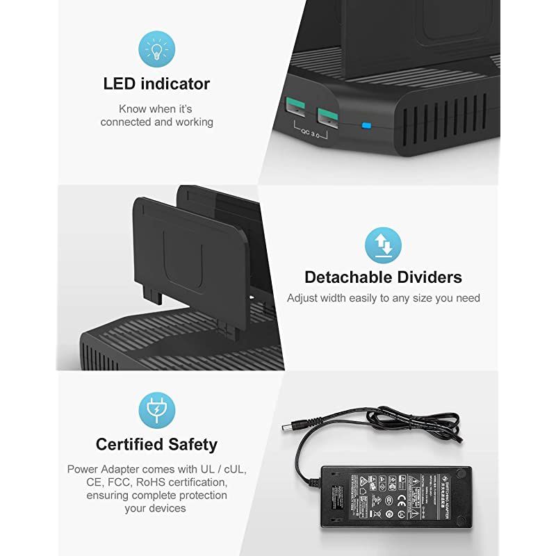 USB Charging Station for Multiple Devices, Charger Organizer Stand Dock with Dividers, Quick Charge 3.0 Compatible for Smartphone, Tablet, iPad and Other Electronics