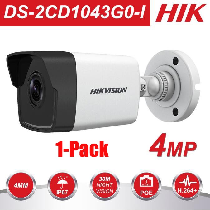 HIKVISION English Version 4MP 2K(2560 *1440 20fps) PoE IP Camera DS-2CD1043G0-I 2.8mm, Bullet Security Camera with EXIR 98ft Night Vision, Smart H.265 WDR, VAC, SD Card Slot, ONVIF, IP67 IK10, 1Pcs