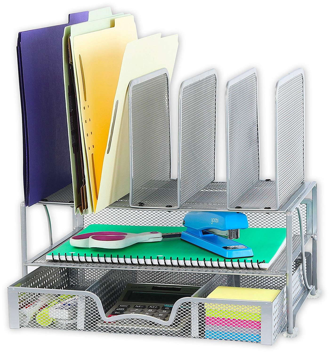 SimpleHouseware Mesh Desk Organizer with Sliding Drawer, Double Tray and 5 Upright Sections, Silver