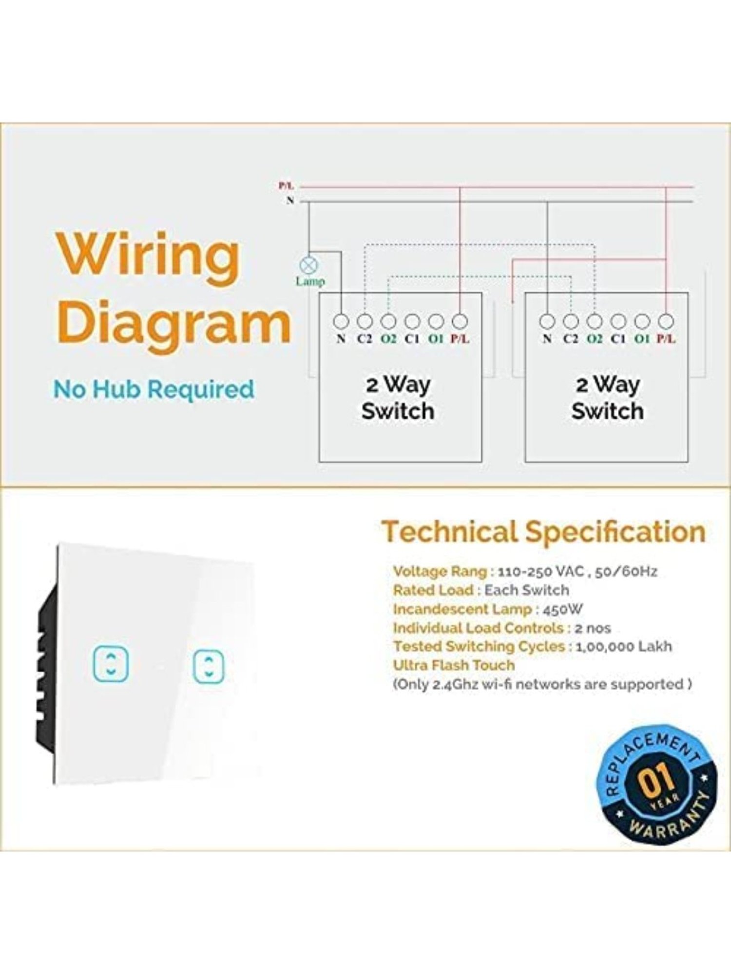 Teqooz 2-Way 2-Touch Smart Wi-Fi plus Bluetooth Switch (White)