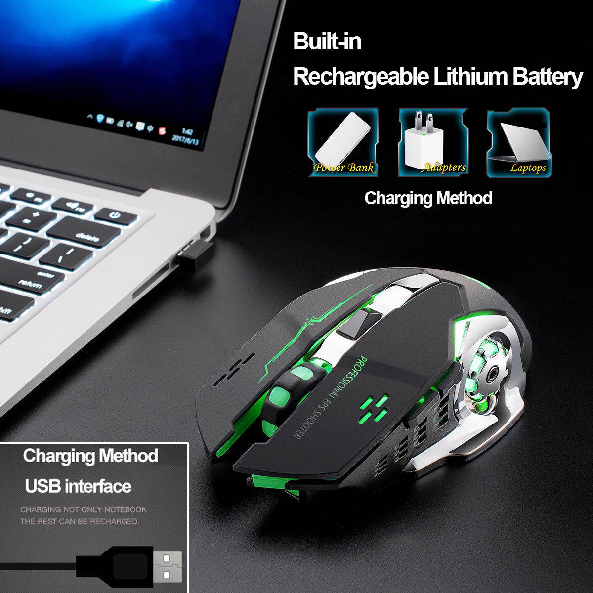 Wireless Mouse 2.4GHz X8 1800DPI Rechargeable Silent 6 Buttons 7 Colors LED Backlit Breath Usb Optical Gaming Mouse For Laptop Computer Notebook Desktop Game Office
