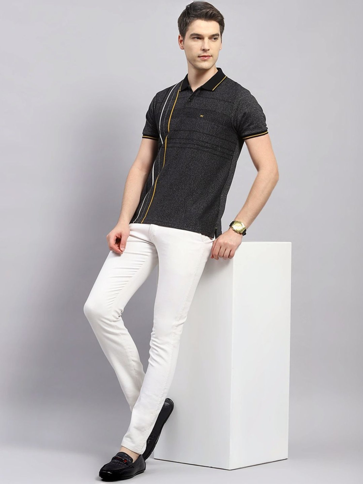 Monte Carlo Black Regular Fit Striped Polo T-Shirt