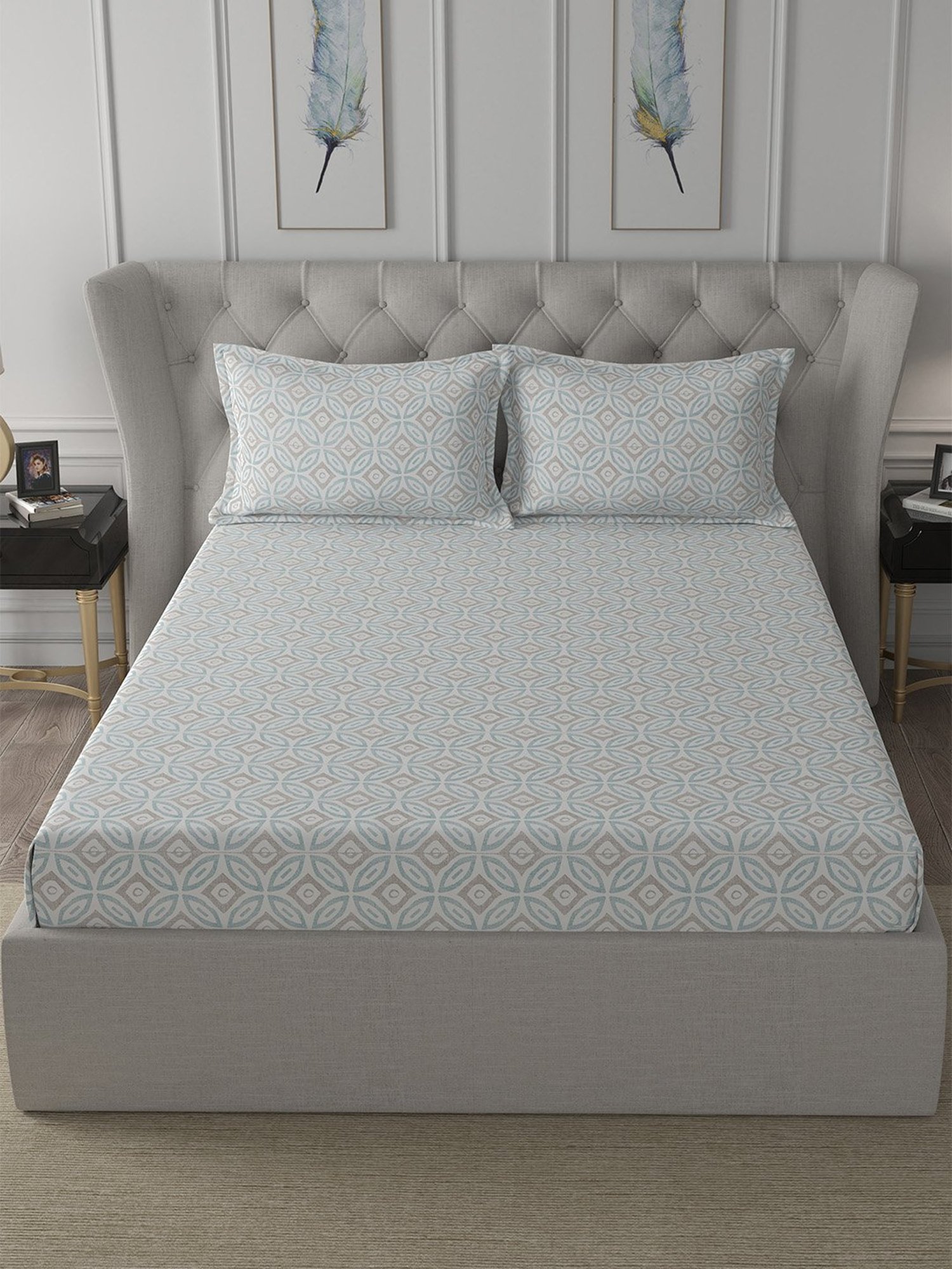 In-House by Maspar Blue 200 TC Cotton Printed Bed Sheet with 2 Pillow Cover