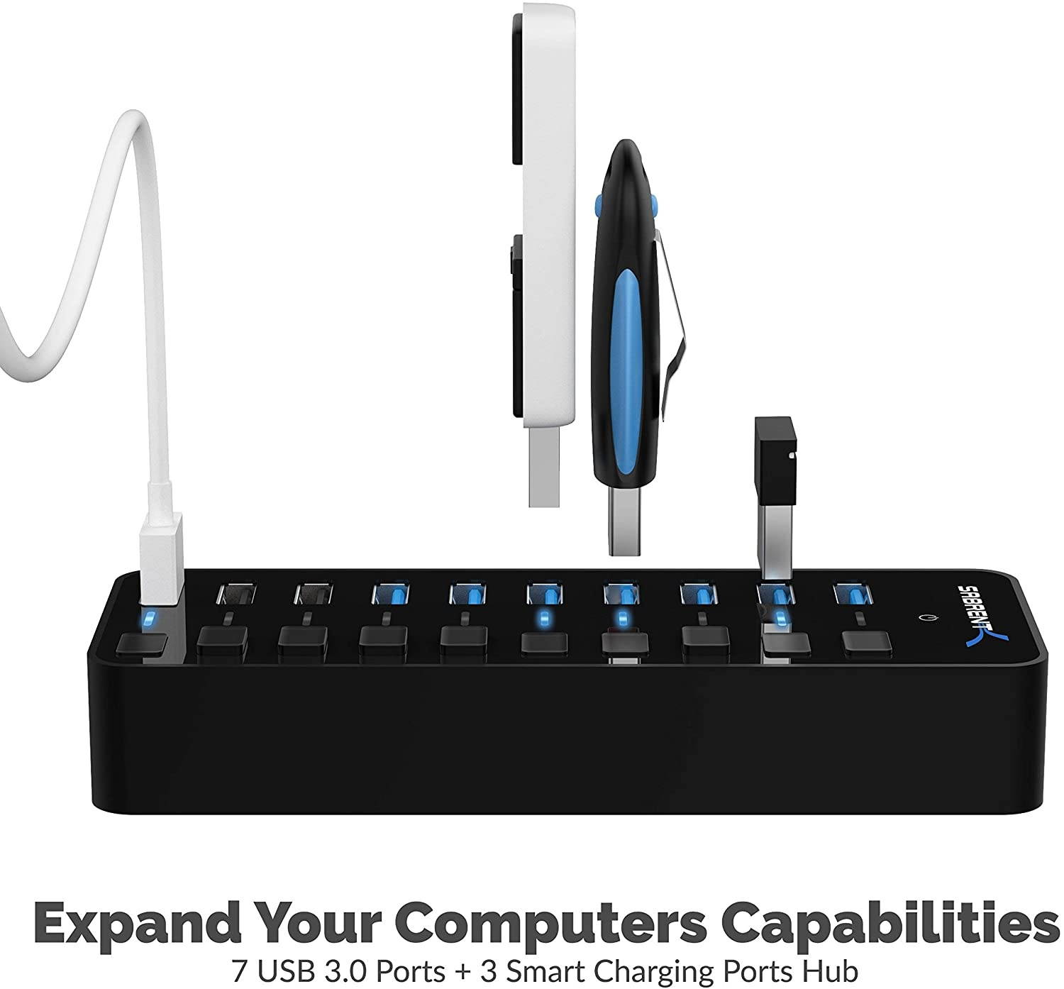 Sabrent 60W 10-Port USB 3.0 Hub + 22AWG 3 Feet USB 3.0 Extension Cable