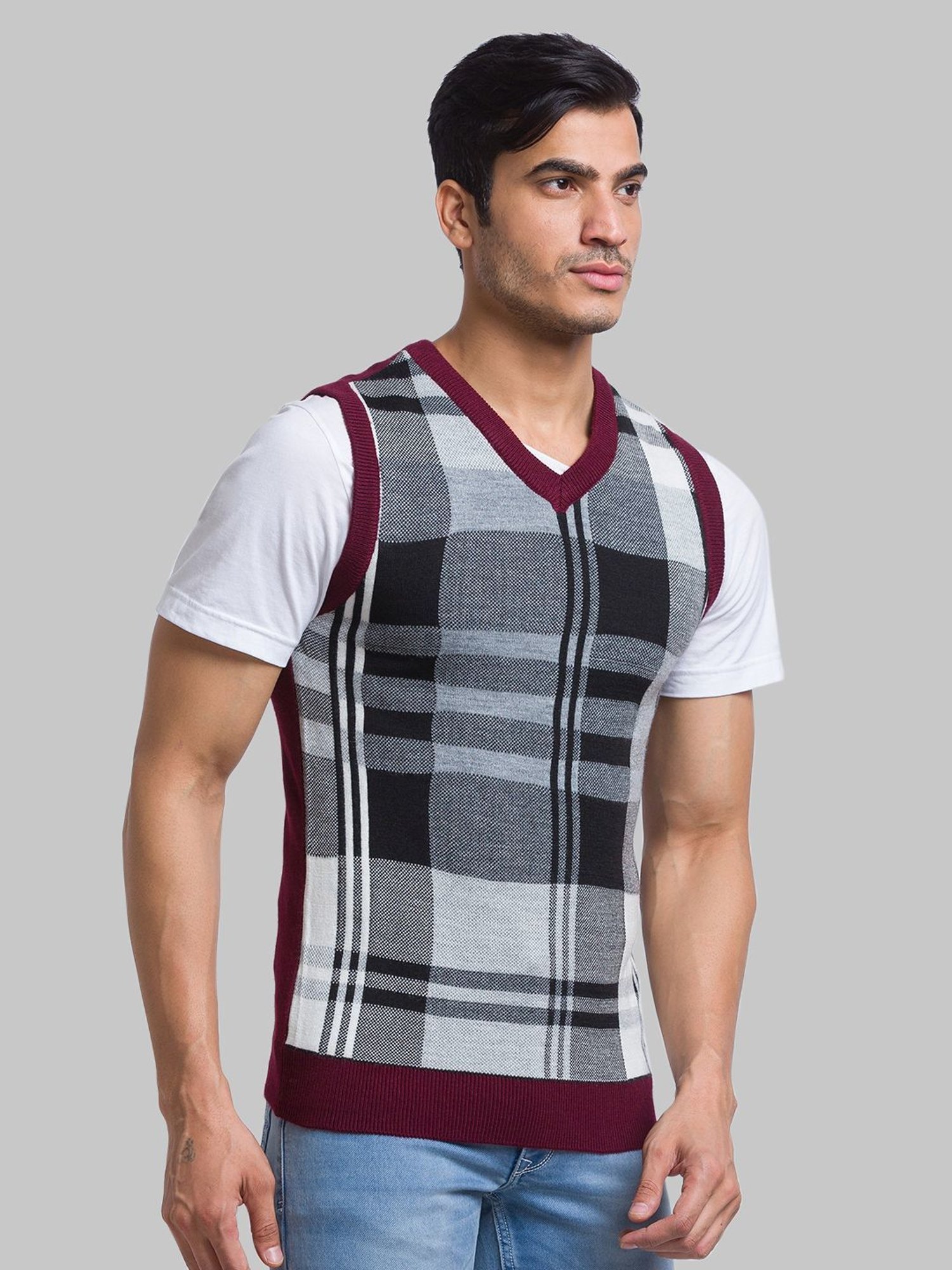 Parx Maroon Regular Fit Checks Sweater