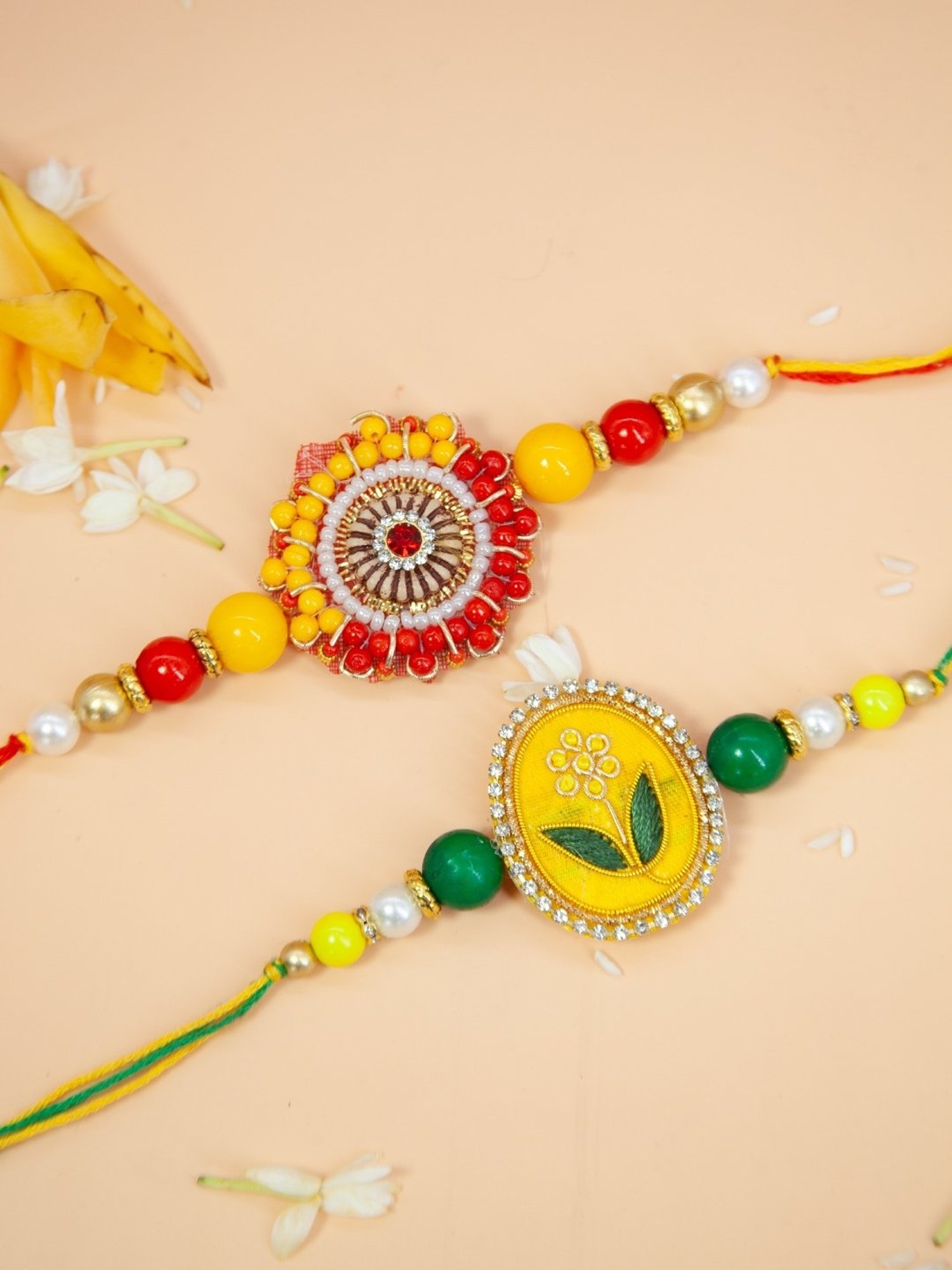 Fida Designer Handmade Yellow Green Beeded & Rakhi for Unisex - Set of 2