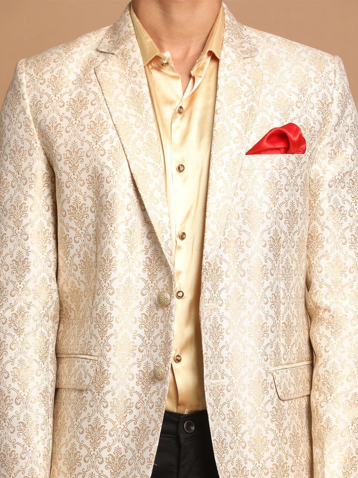 VASTRAMAY Gold & Beige Regular Fit Self Design Ethnic Blazer