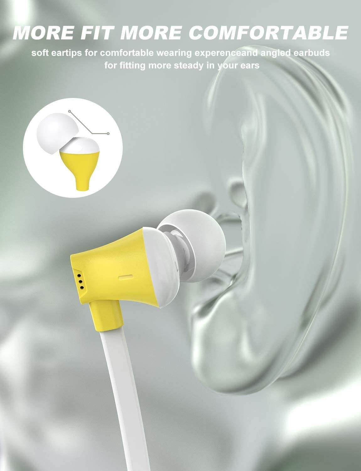 Earbuds Vogek Tangle-Free Flat Cord Ergonomic in-Ear Headphones with Dynamic Crystal Clear Sound Earphones with S/M/L Eartips Compatible with Samsung Android Phone and More-Yellow