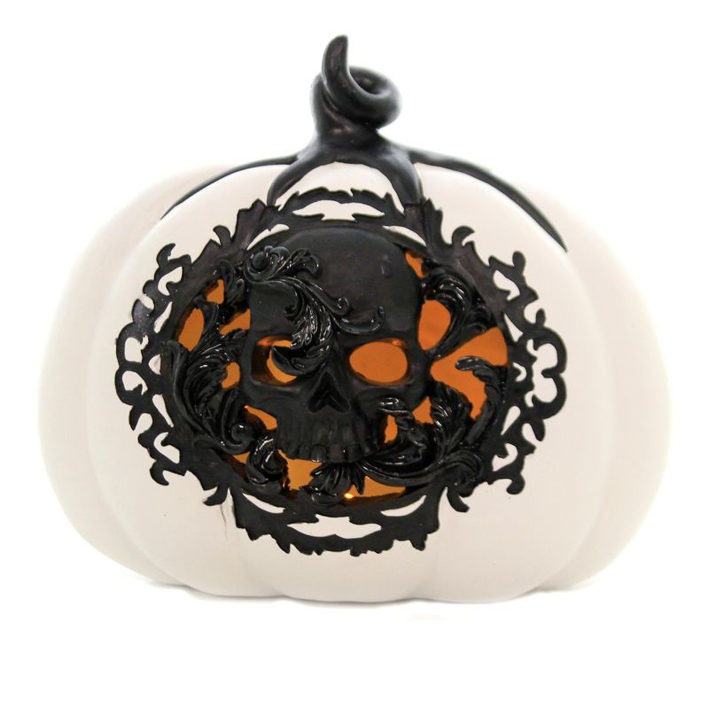Halloween 7.5" White/Black Pumpkin Led Lighted Skull  -  Decorative Figurines
