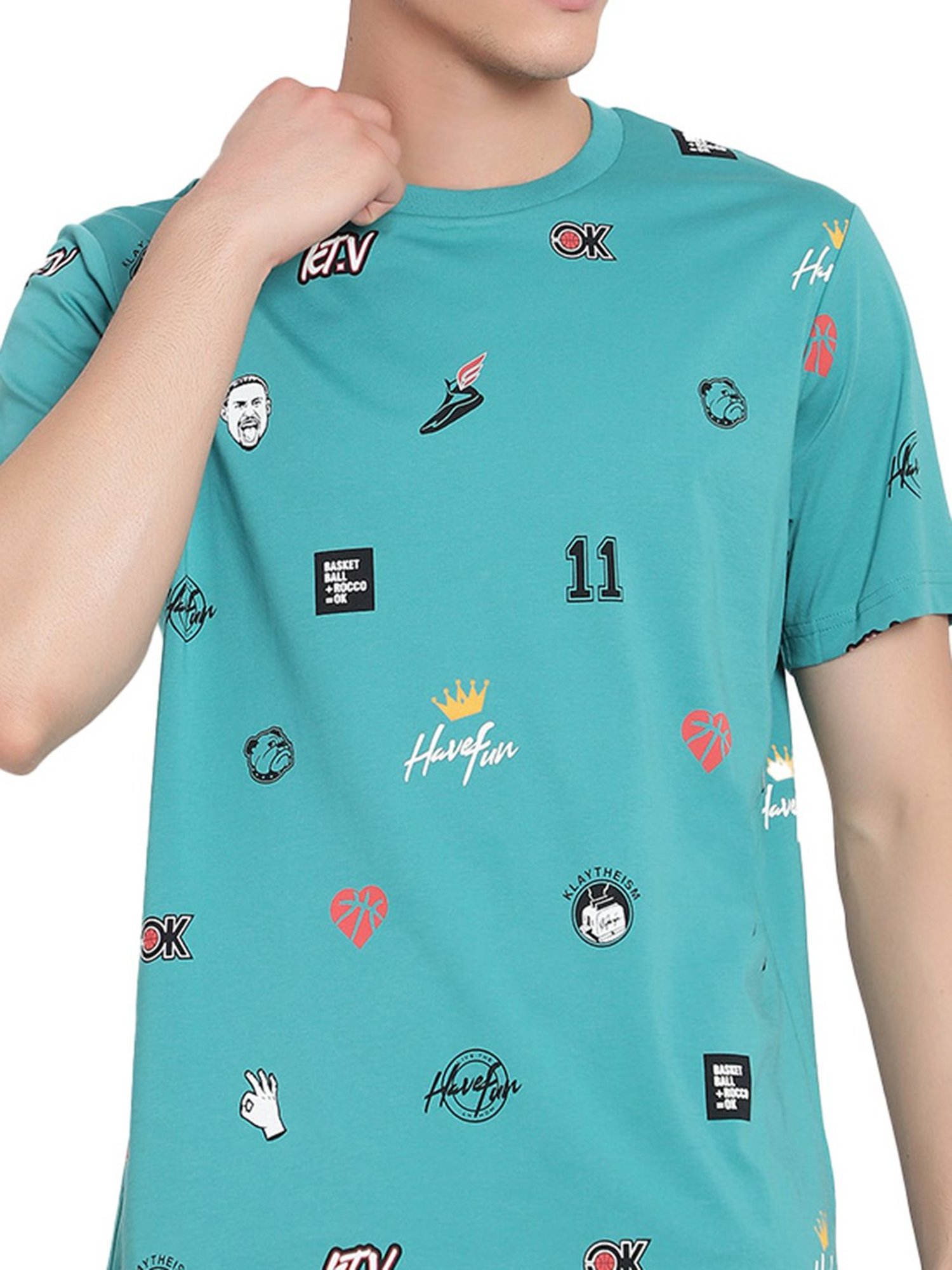 Anta Turquoise Regular Fit Printed Crew T-Shirt