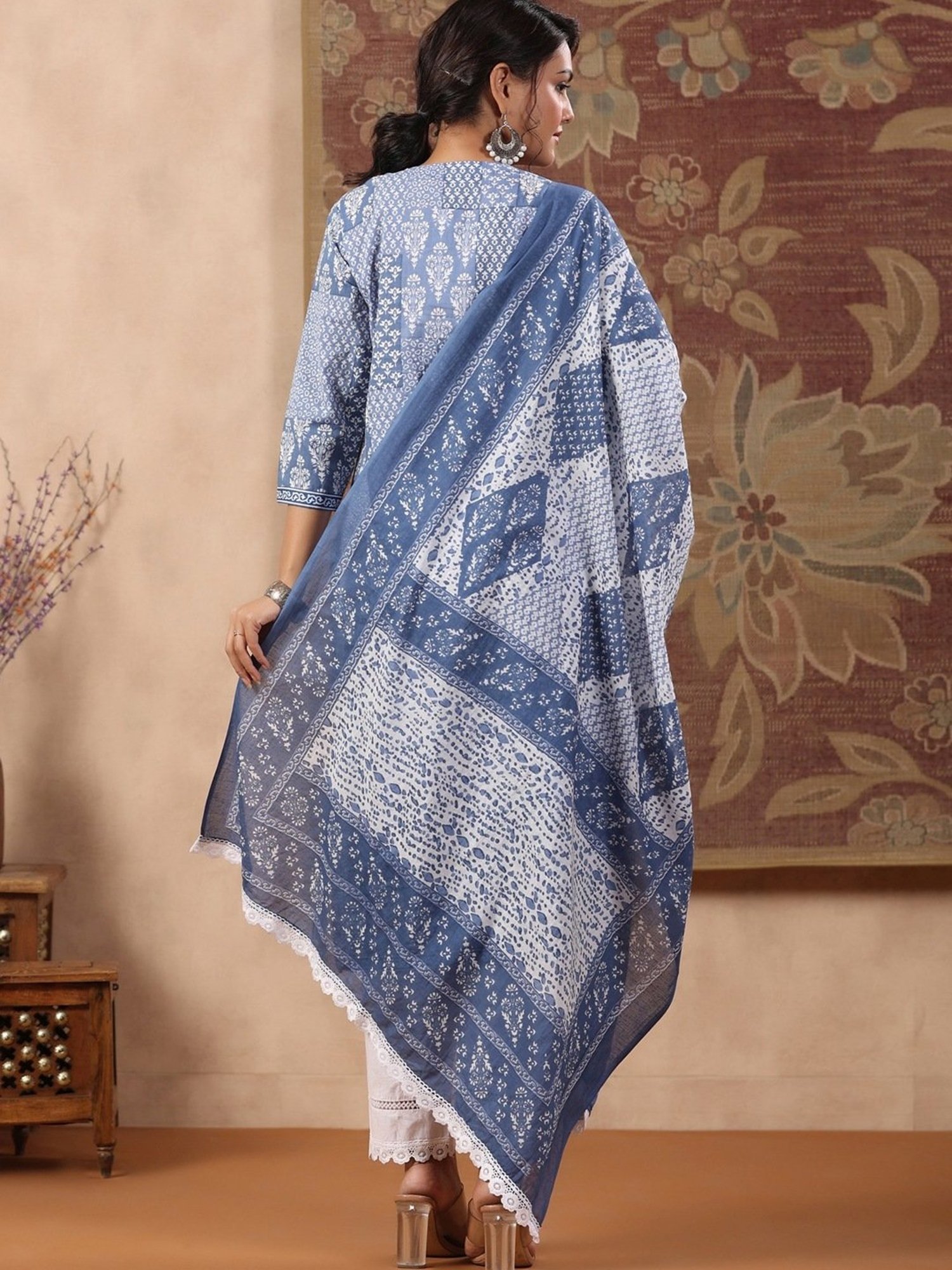 Rain and Rainbow Blue & White Cotton Printed Kurta Pant Set With Dupatta