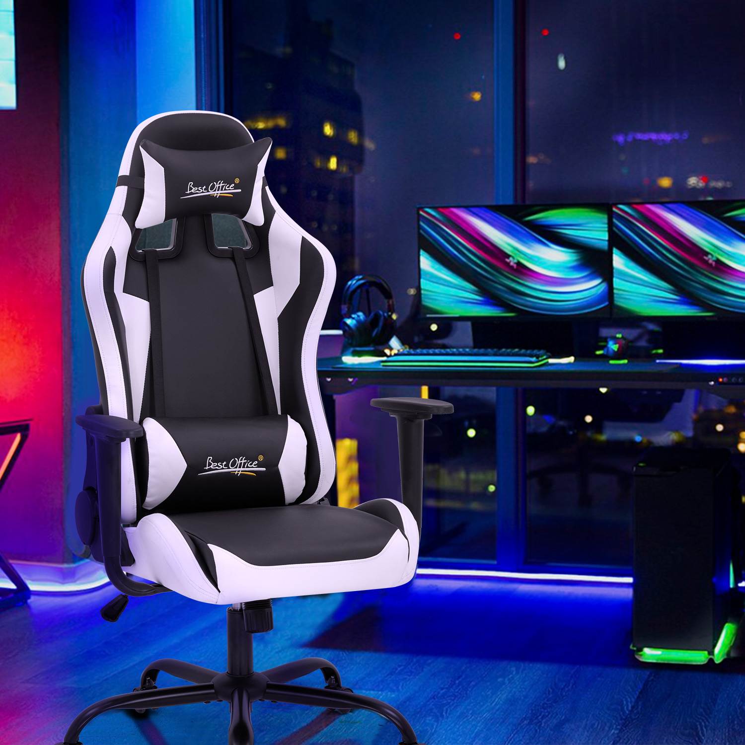 Gaming Chair Racing Chair Computer Chair with Lumbar Support Headrest Armrest Task Rolling Swivel Desk Chair PU Leather Adjustable PC Office Chair Ergonomic E-Sports Chair White