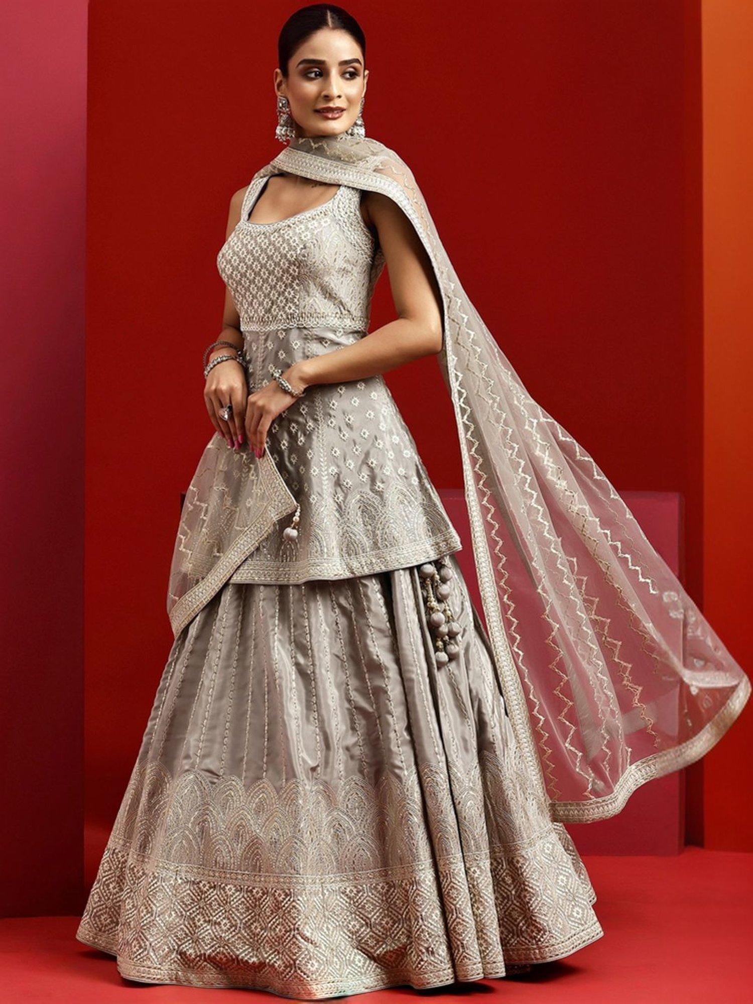 Libas Art Grey Embroidered Lehenga Choli Set With Dupatta