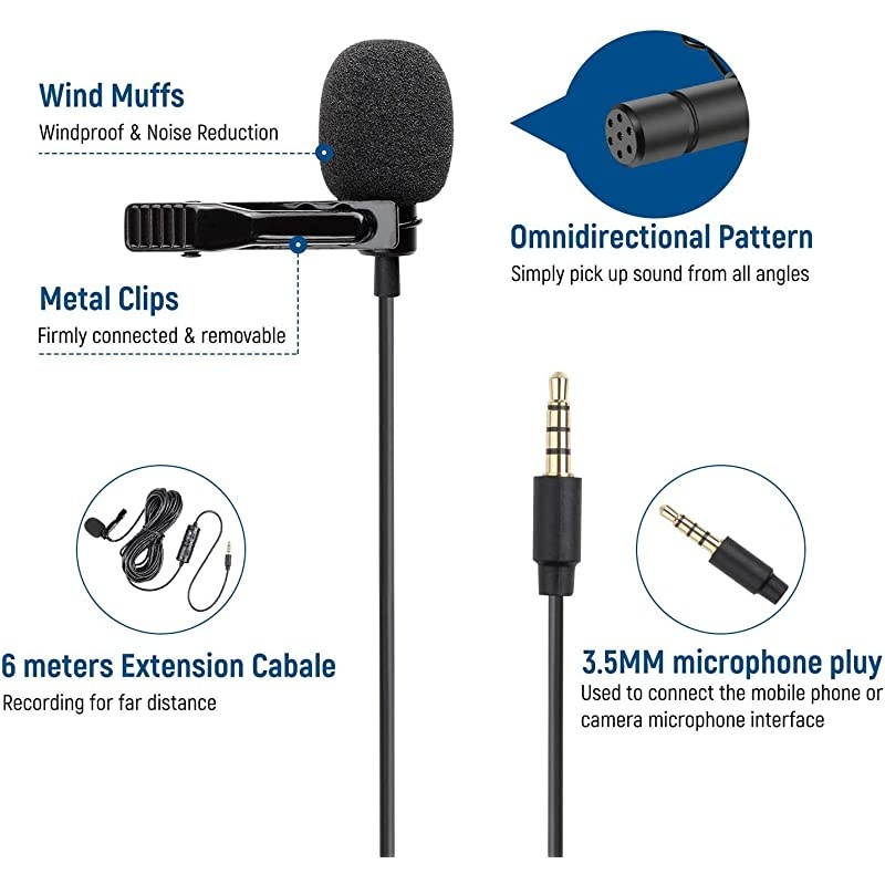 Microphone for iPhone Android Smartphone PC Computer 35mm Jack Condenser Lapel Mic Easy Clipon Recording Mic for YouTube Vlog Singing 19 Feet Cord
