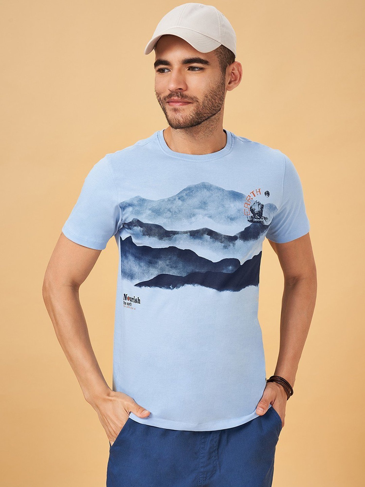 Urban Ranger by Pantaloons Sky Blue Cotton Slim Fit Printed T-Shirt