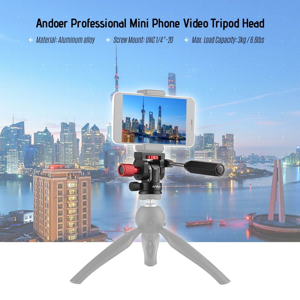 Andoer Professional Mini Phone Video Tripod Head Video Tripod Action Fluid Drag Pan Head with 1/4" Screw Mount for Phone Photography Video Making Max. Load 3kg