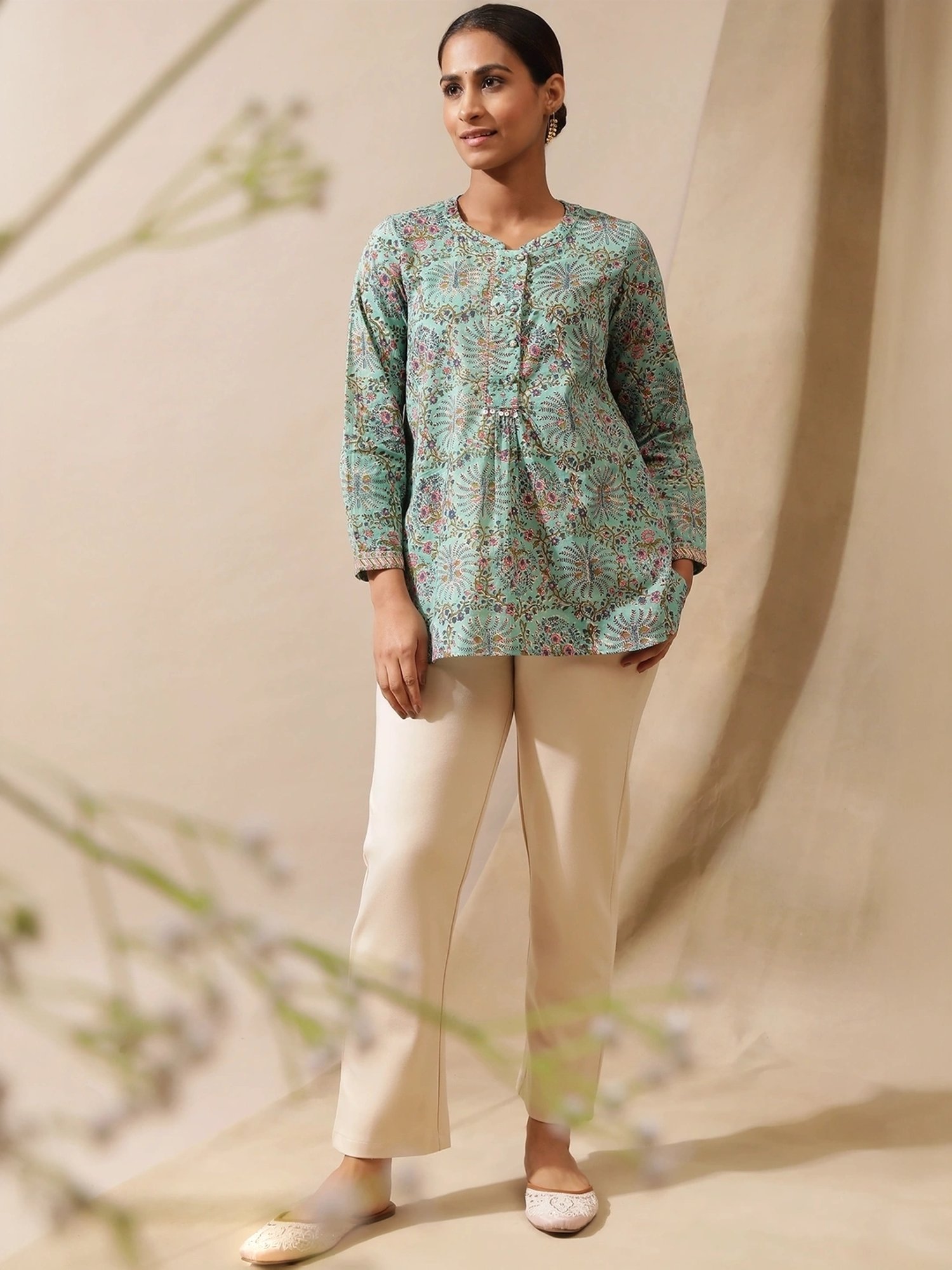 Folksong by W Mist Green Cotton Printed Top