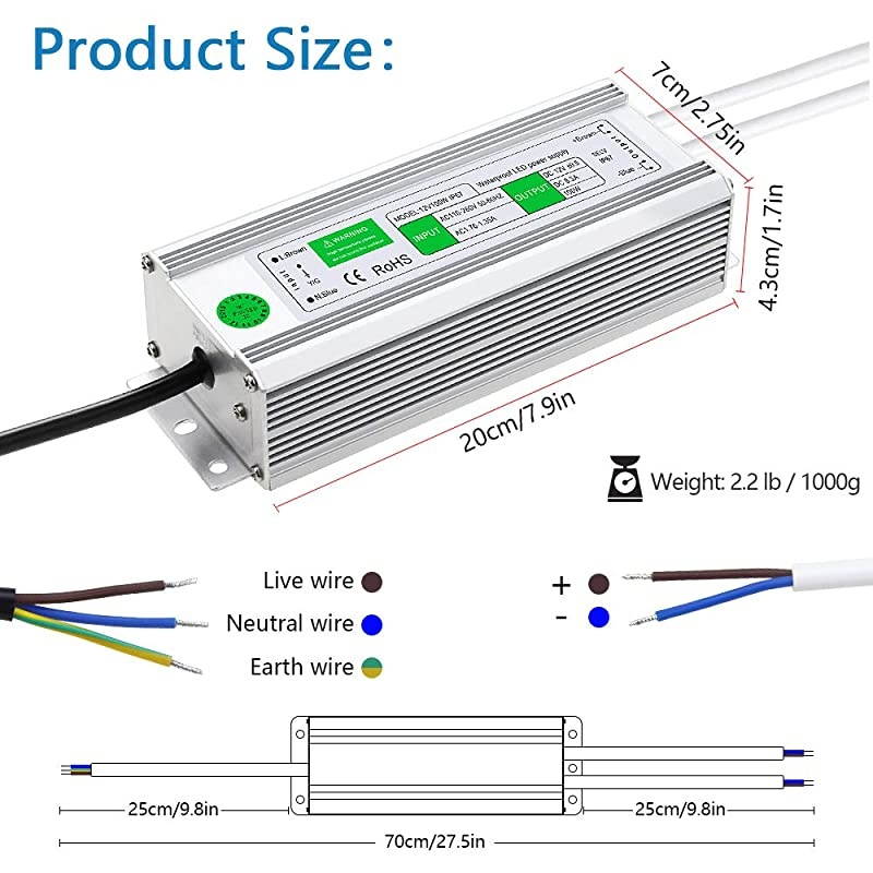 Waterproof Power Supply Adapter 12V 100W LED Driver ACDC Converter AC 110~260V to DC 12 Volt 83A Low Voltage Transformer for Outdoor LED Lighting Advertising Screen DC Pump CCTV Camera