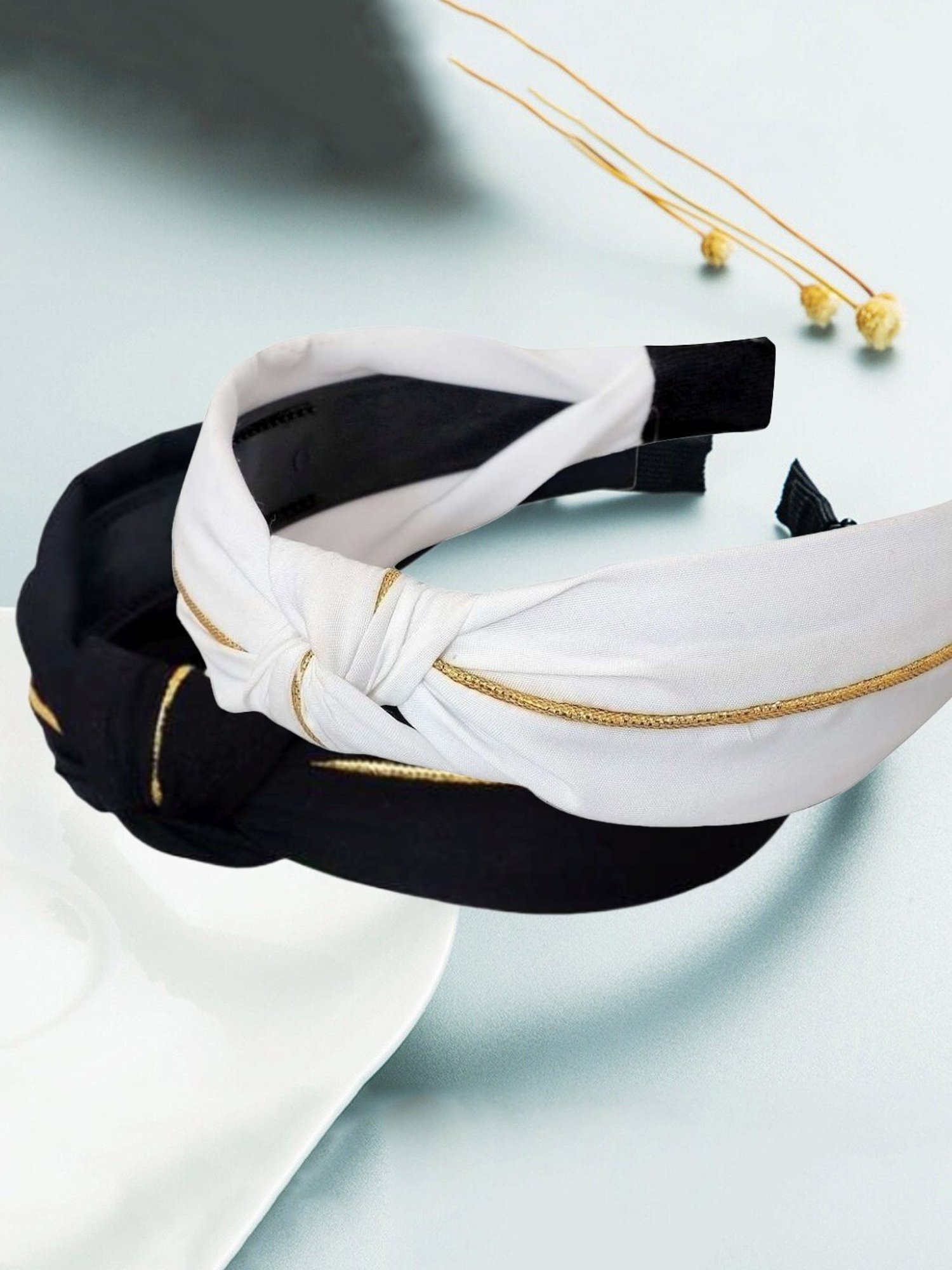 OOMPH White & Gold Black & Gold Satin Silk Knotted Hair Band - Combo of 2