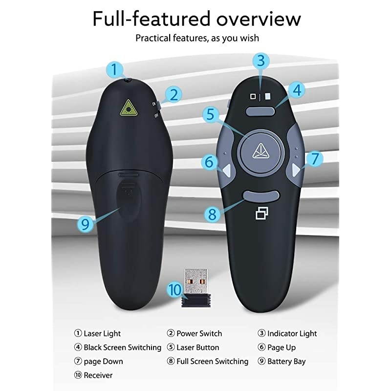 Wireless Presenter Remote RF 2.4GHz USB Presentation Remote Control PowerPoint Presentation Clicker for Mac/Keynote/PC/Laptop/PPT