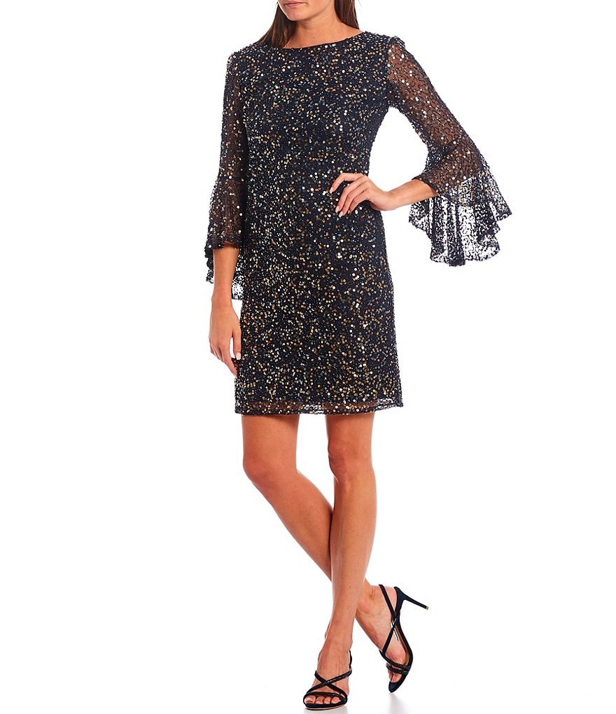 Pisarro Nights Petite Size 3/4 Bell Sleeve Beaded Sheath Dress