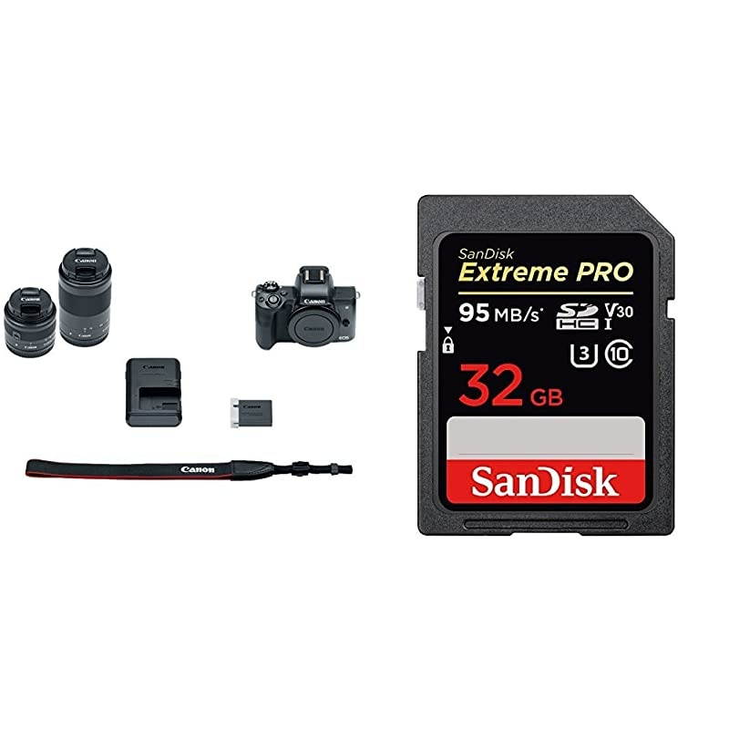 EOS M50 Mirrorless Camera Body and EF-M15-45mm + EF-M 55-200mm Lenses with Dual Pixel CMOS AF and 4K Video and 32GB SDHC UHS-I Card - Black