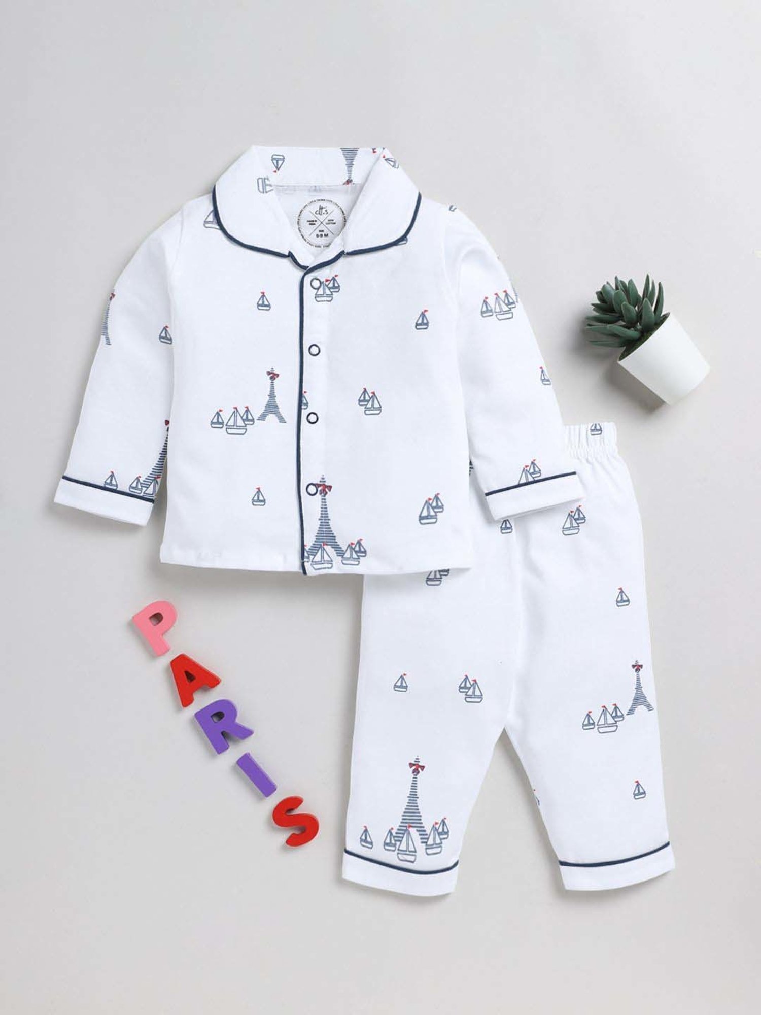 Clt.s Boys White Cotton Printed Full Sleeves Top Set