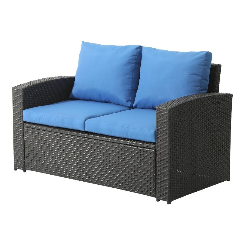 3pc Wicker Rattan Sofa Set with Blue Cushions - Accent Furniture